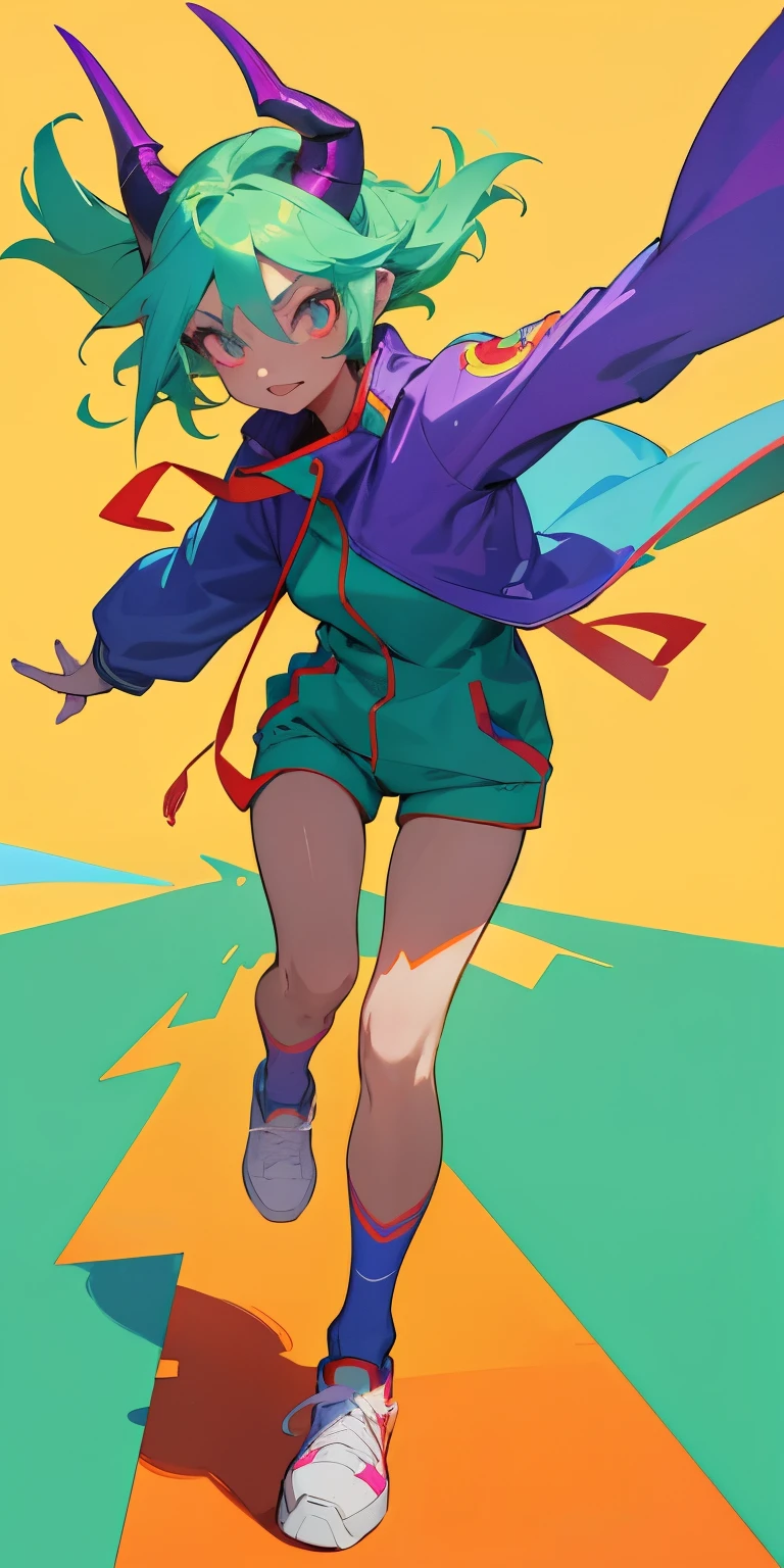 Cute demon girl with light violet skin and light green blue hair wearing red sneakers and a mat green jacket with a light dark blue strap running down the out side off the arm she also has horns that are the same color that her skin is that long and pointed to the sky her eyes are ember yellow color