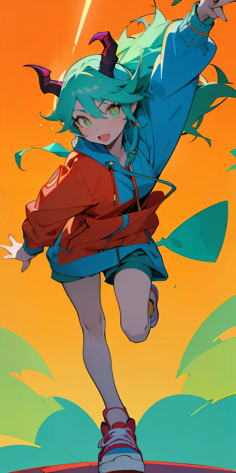 Cute demon girl with light violet skin and light green blue hair wearing red sneakers and a mat green jacket with a light dark blue strap running down the out side off the arm she also has horns that are the same color that her skin is that long and pointed to the sky her eyes are ember yellow color