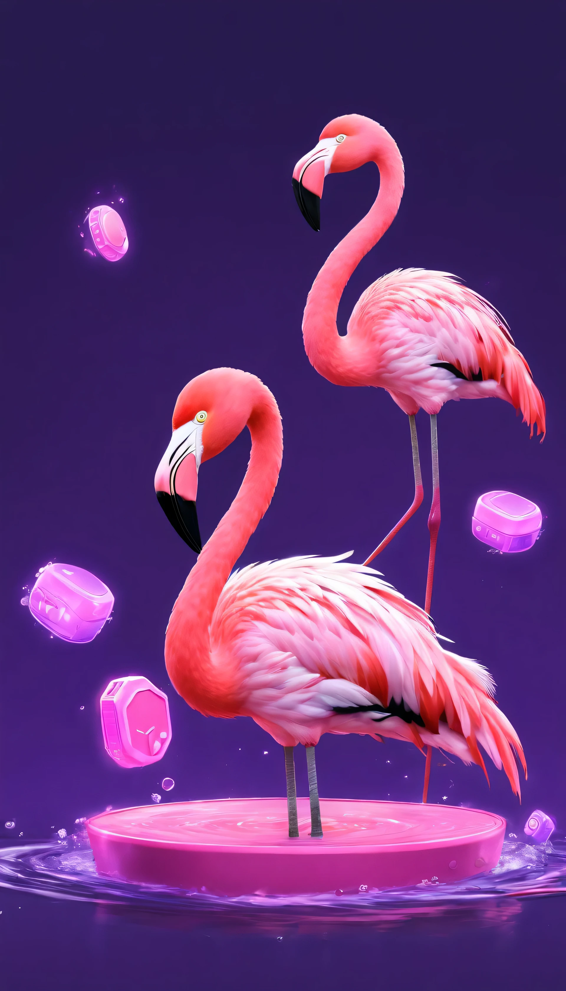 Traditional media, chumbo colorido, flamingo, em uma prancha flutuante, fundo de videogame sonoro rosa roxo,