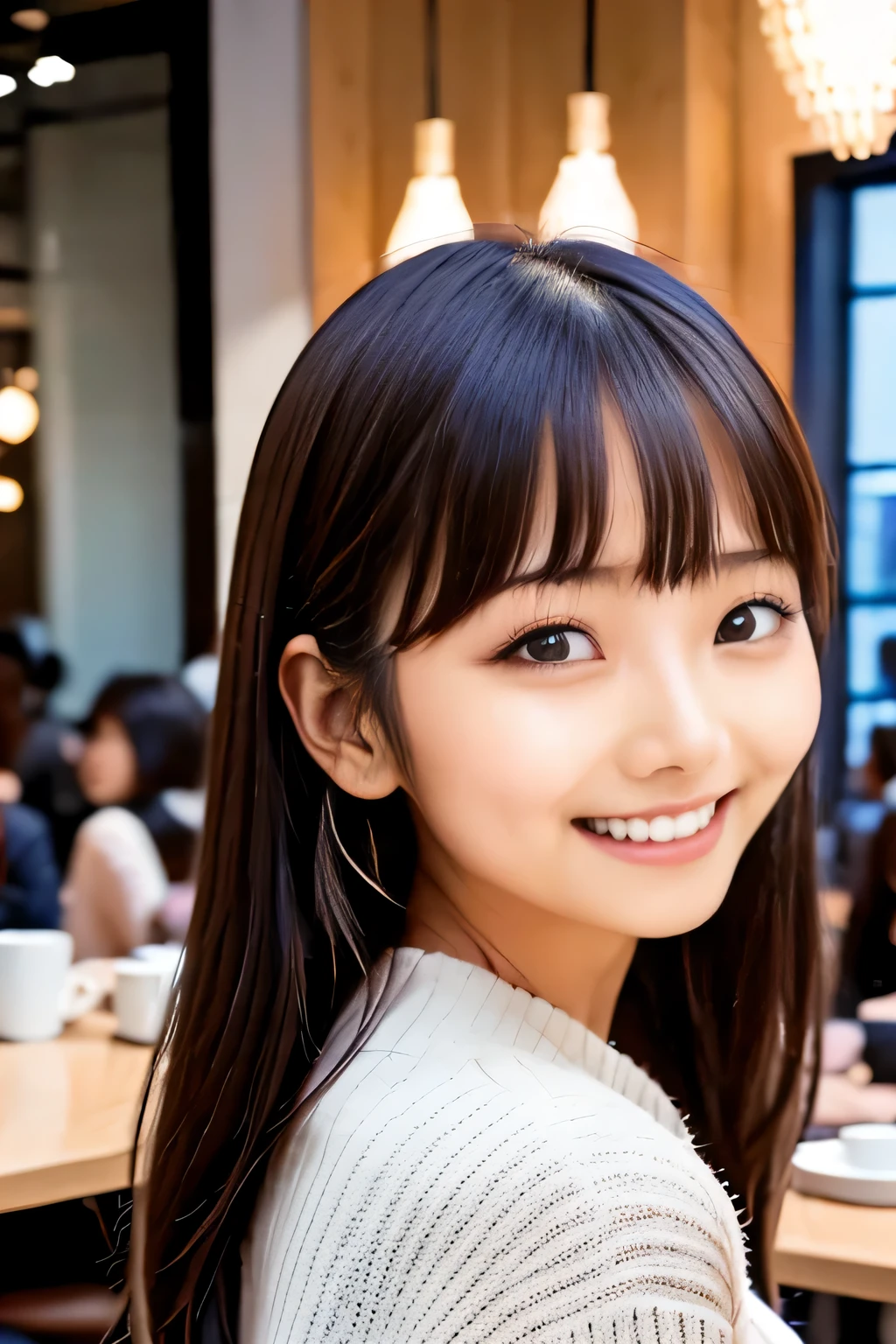 At a stylish cafe in Tokyo, Beautiful Japanese woman is seen laughing with her friend. she is wearing a trendy knitted dress, reflective contemporary skirt, Her long black hair was styled into an elegant updo.. The lighting inside the store warmly illuminates their smiles., Enhancing a cozy and friendly atmosphere --ar 3:4 --style raw --stylize 250, Straight long hairstyles, bangs, lips、out makeup、short eyelashes、looking at the viewer、lazy smile、realistic、High resolution、debris flies, highest quality, 8k, Beautiful woman、In detail