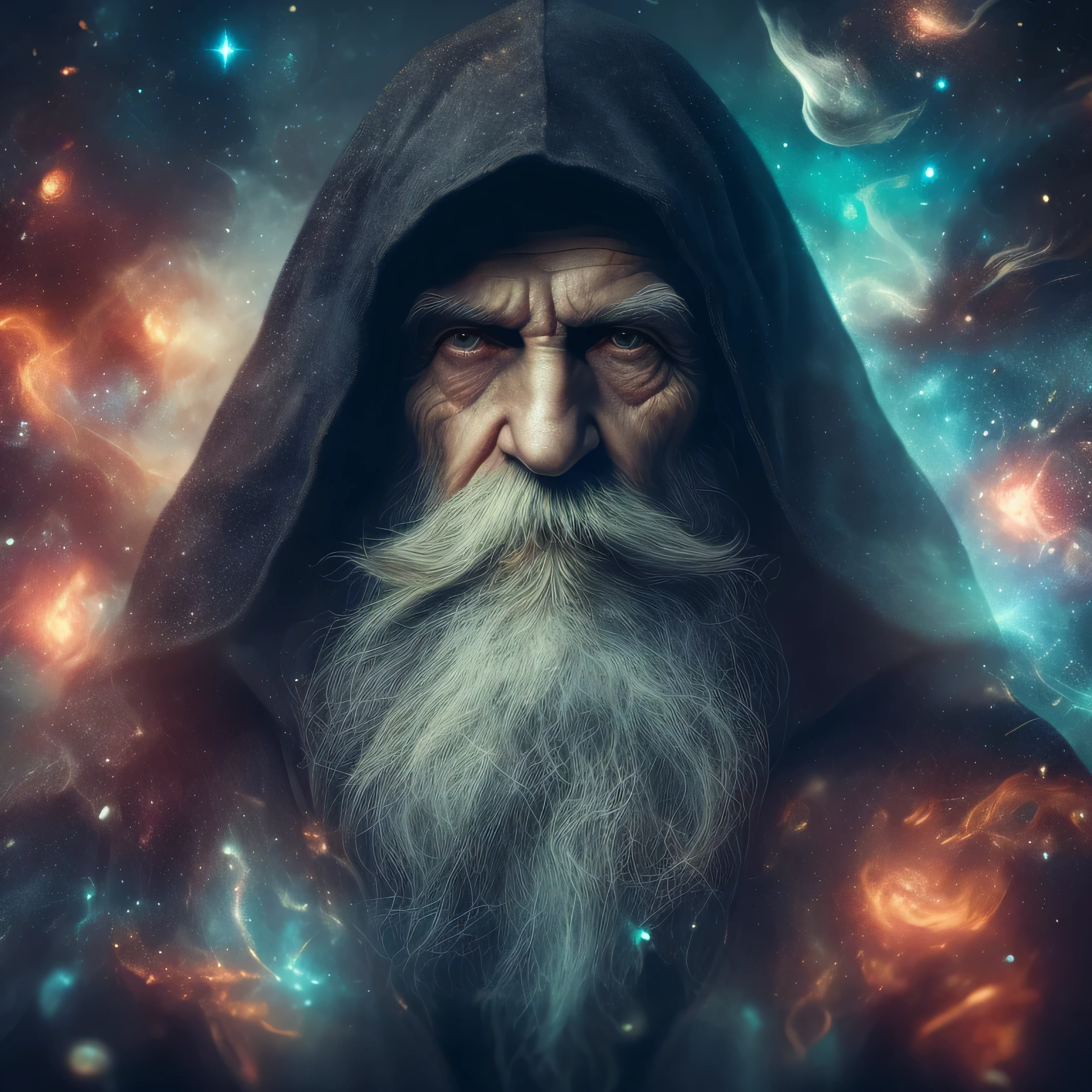 a close up of a man with a long beard and a hood on, portrait of a wizard, male wizard, wizard, wise old man, the wizard, father time, sad wizard, god of time and space, strange portrait with galaxy, wizard man, spell casting wizard, portrait of a mage, the creator of the universe, wizard pondering his orb