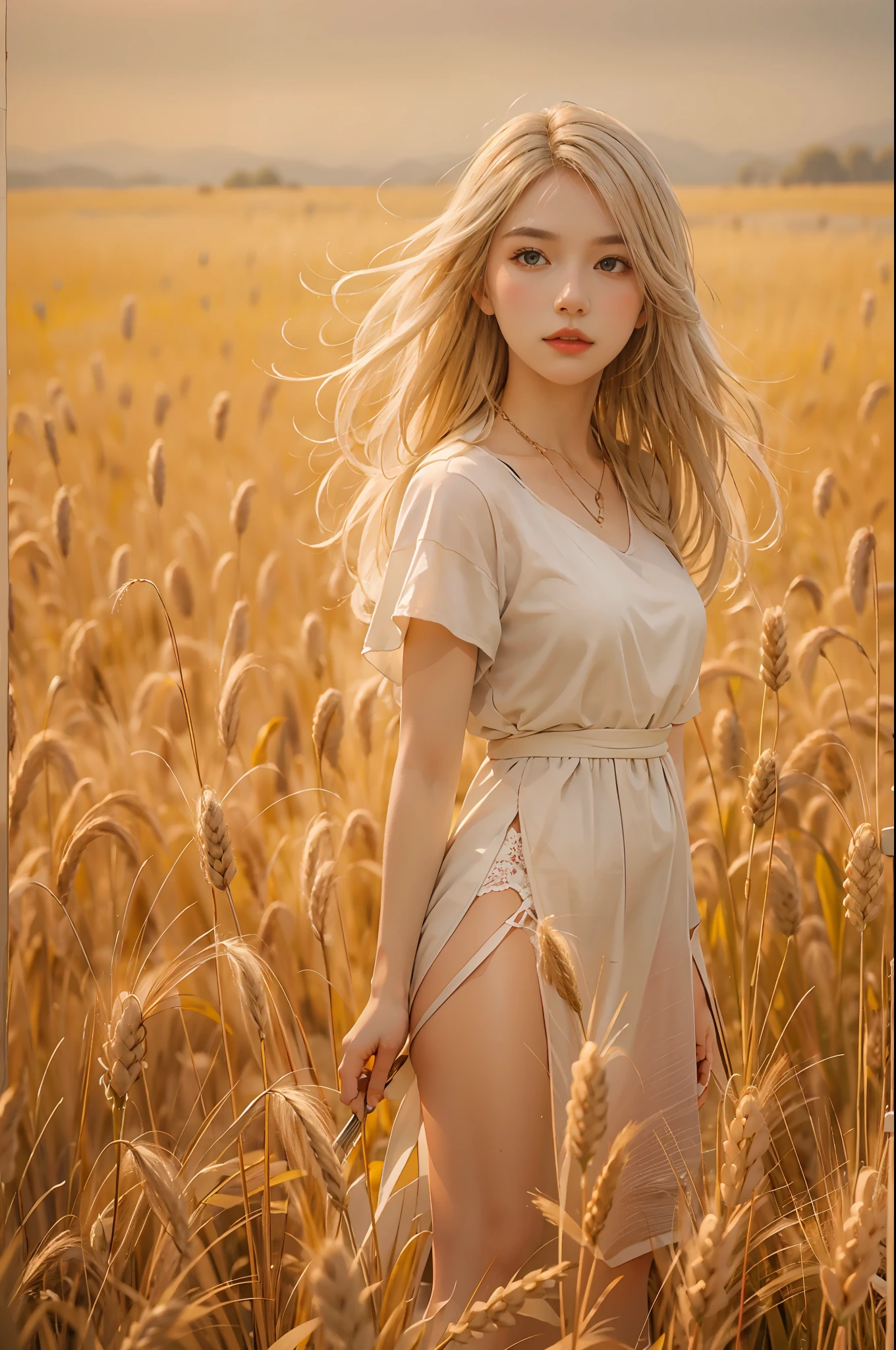 full body, portrait of cute blond girl, standing on a wheat field (((looking away))), bloom, orange fog, motion, wispy hair, realism, high-quality rendering, stunning art, high quality, film grain, Fujifilm XT3, dreamy