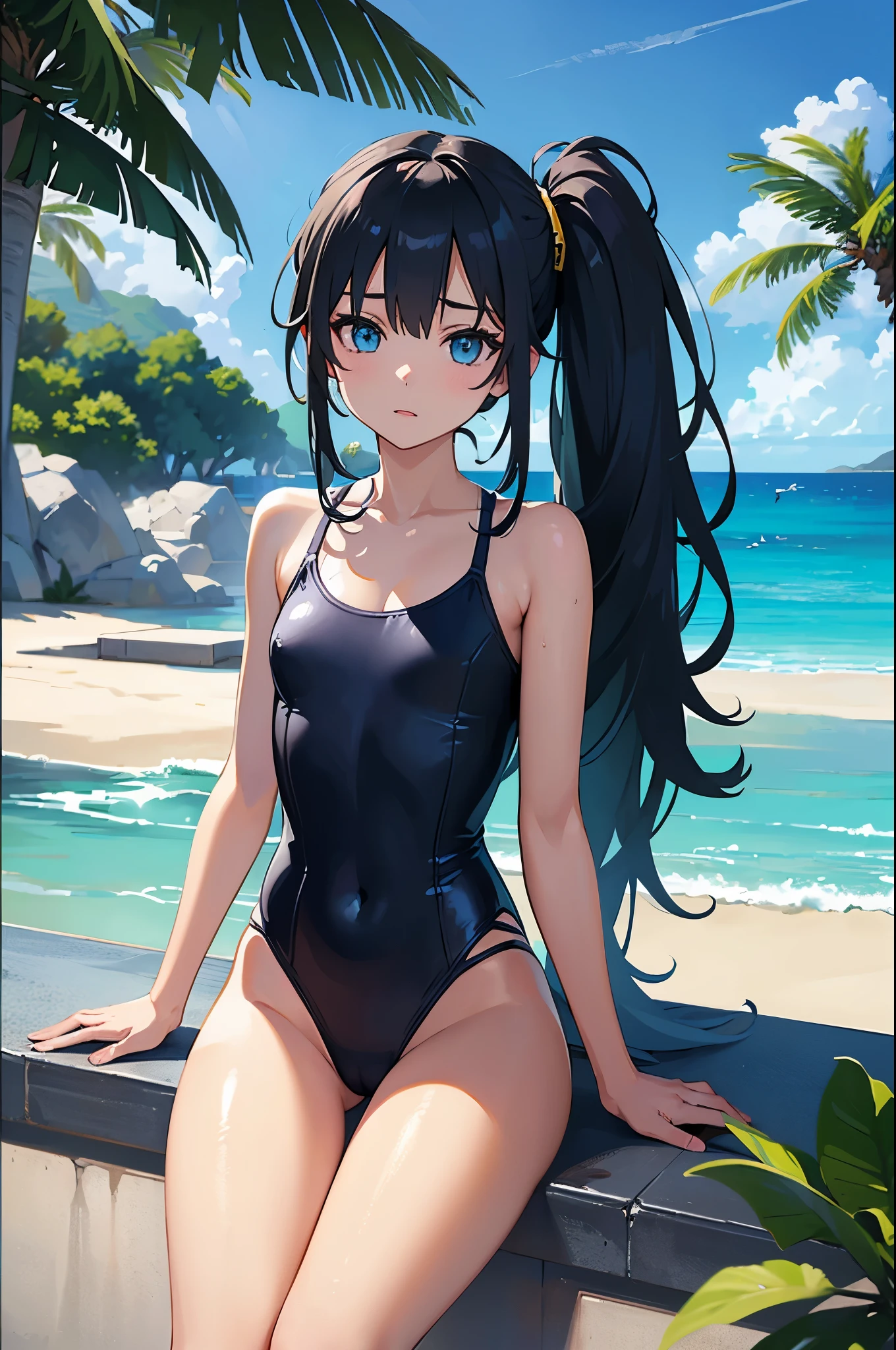 (masterpiece: 1.2), best quality, (girl sitting: 1.2), solo, (tropical beachside: 1.4), portrait shot from below
BREAK
(high resolution: 1.2), provocative expression, beautiful tiny 1girl, ultra detailed beautiful face, jewelry eyes, slender body, still growing flat chest, detailed shiny skin, dark blue one-piece swimsuit, (wet and shiny detailed school swimsuits: 1.2)
BREAK
(superrealistic: 1.2), 8k, multi colored twin-tail hair, dominant cyan hair, wind, detailed in wind