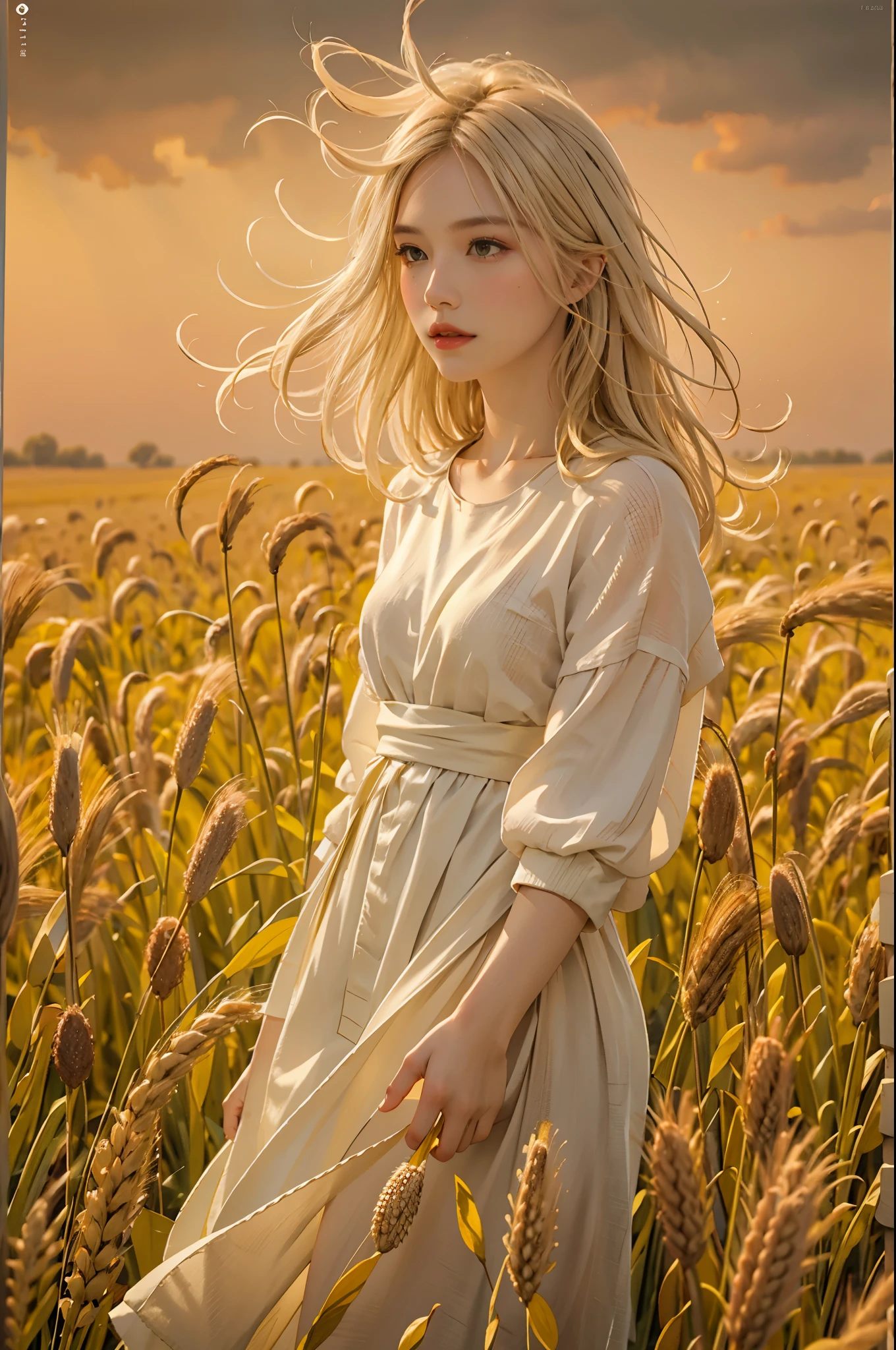 full body, portrait of cute blond girl, standing on a wheat field (((looking away))), bloom, orange fog, motion, wispy hair, realism, high-quality rendering, stunning art, high quality, film grain, Fujifilm XT3, dreamy