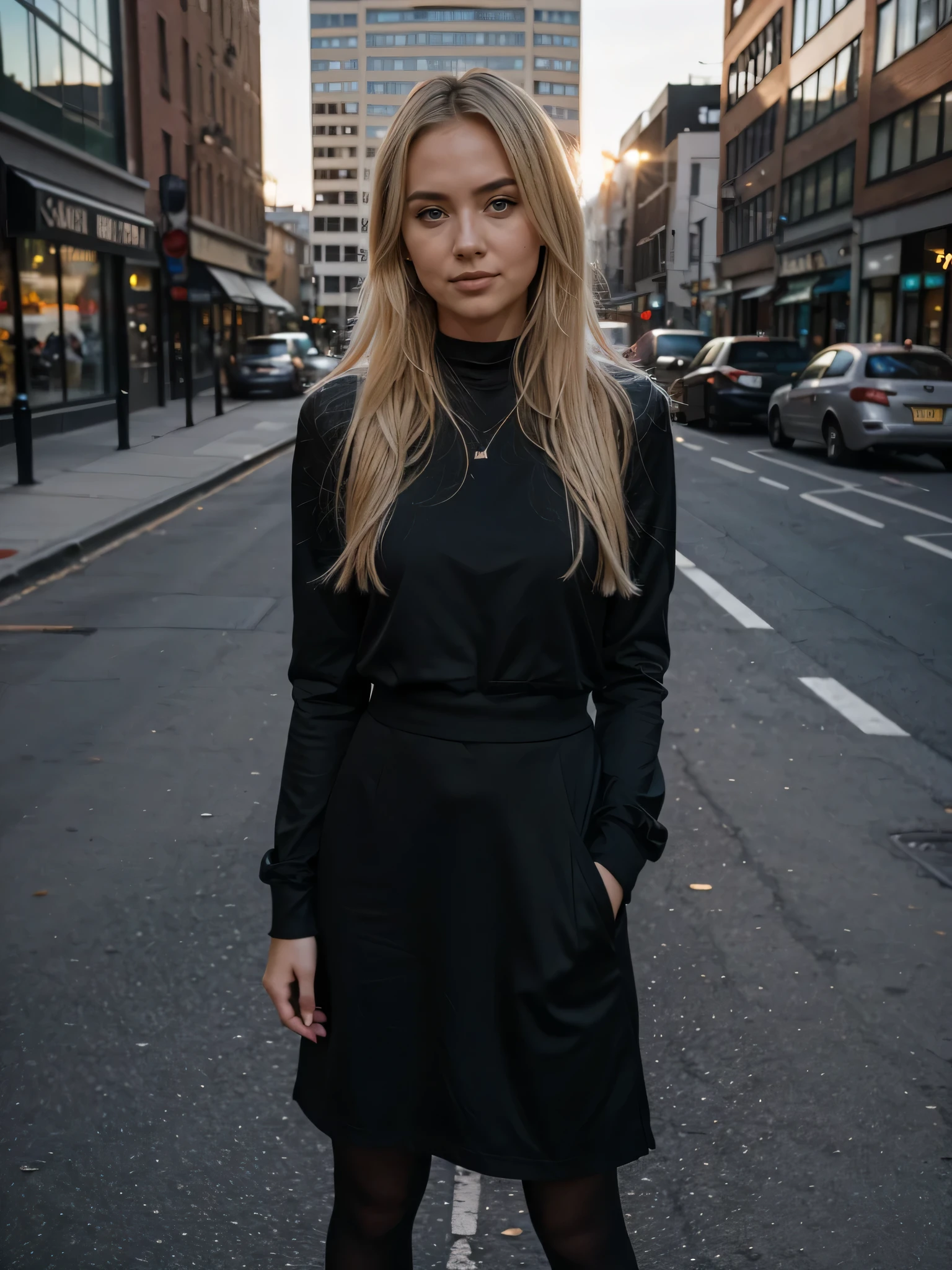 Best quality, instagram influencer, blonde female 22yo, in the city, wearing black dressclothes, sunset, looking in the camera, full body, naughty, shy,cute
