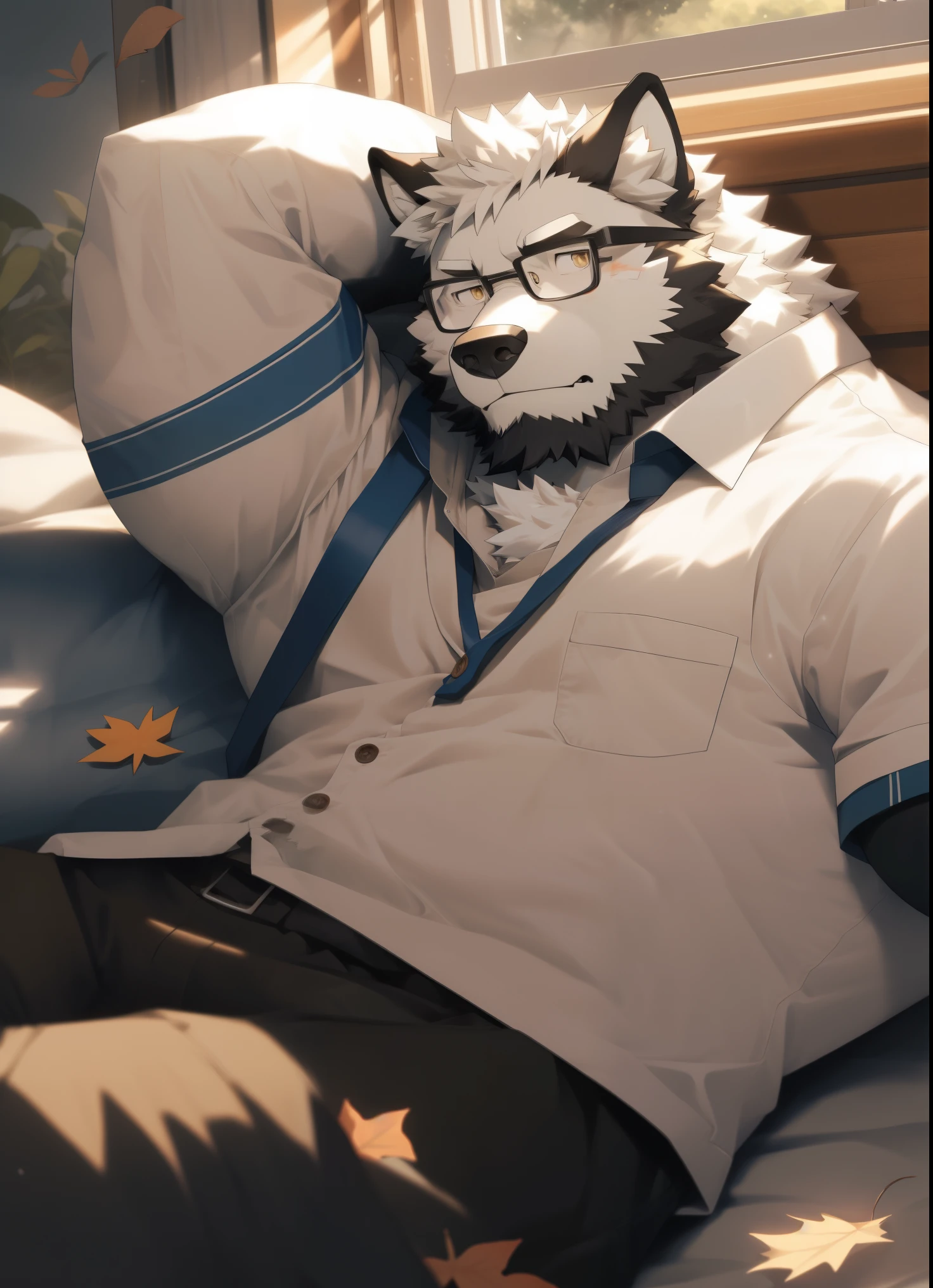 hairy，（Wolf，White short sleeves，Black-rimmed glasses，white shorts，white socks），beard，white fur，male，Common，full-body shot， dynamic poses，in the bedroom，Lying in bed，Sleep lying down，close eyes，Sunlight，Fallen leaves drift into the room outside the window，Detailed background，极其lifelike阴影，masterpiece，Very detailed，lifelike