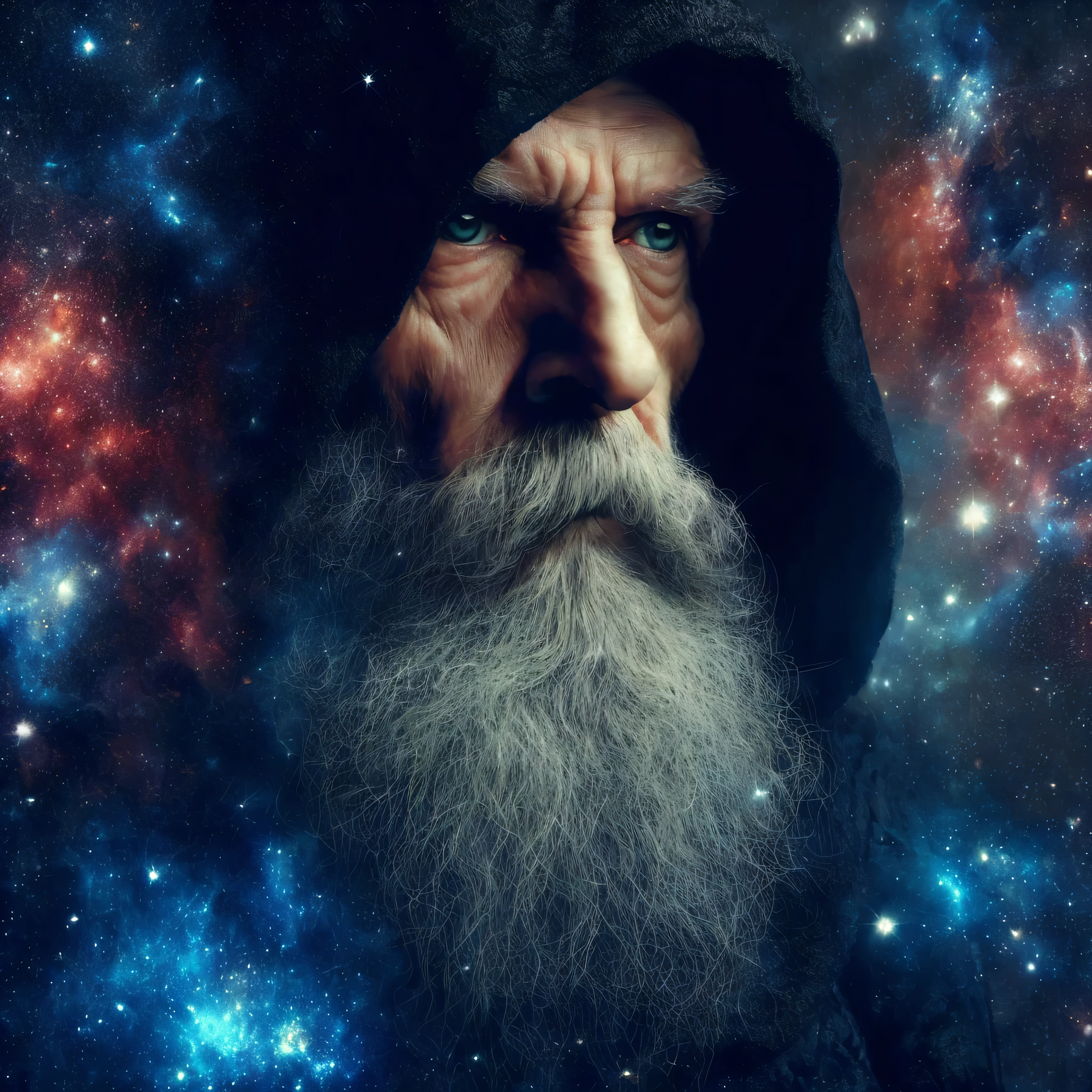 arafed image of a man with a long beard and a hood on, portrait of a wizard, strange portrait with galaxy, god of time and space, the creator of the universe, wizard pondering his orb, wise old man, male wizard, ancient mystic time lord, wizard, portrait of a cosmic god, father time, sad wizard, portrait of merlin