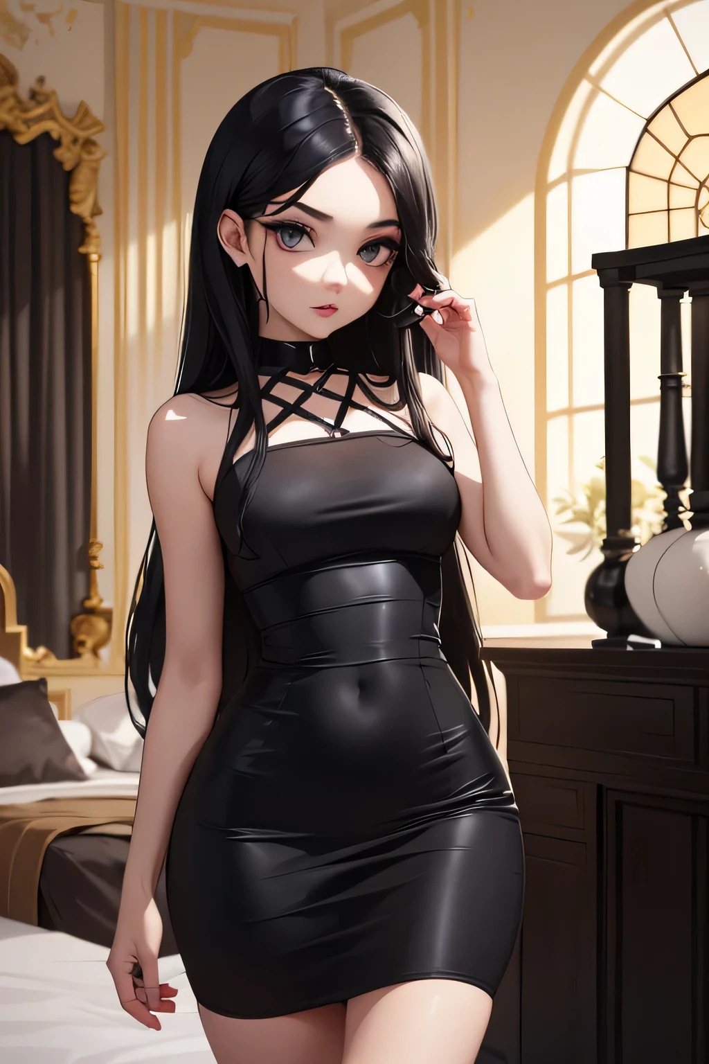 ((Solo)) ((Masterpiece)) ((High Quality)) ((Perfect Face)) ((Beautiful)) ((Goth)) ((Bedroom)) ((Small breasts)) ((Slender waist)) ((Wide Hips)) ((Light Skin)) ((Cute Nose)) ((Black Hair)) ((Long Hair)) ((Black Dress))