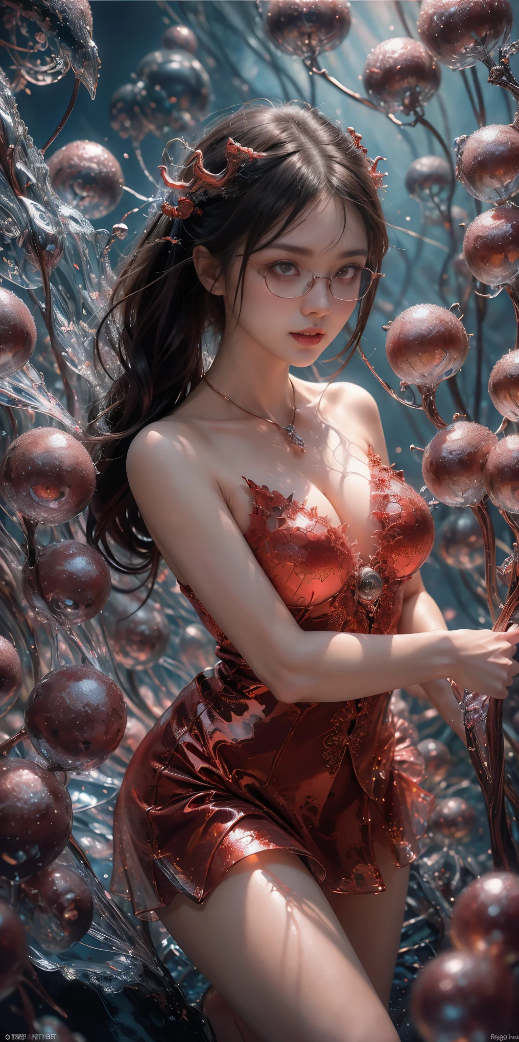 (The best illustrations)、realisitic、ultra-detailliert、The best lighting、Best Shadows、alluring succubus, ethereal beauty, perched on a cloud, (fantasy illustration:1.3), enchanting gaze, captivating pose, delicate wings, otherworldly charm, mystical sky, (Luis Royo:1.2), (Yoshitaka Amano:1.1), Dungeon and Dragon、caves、Dungeon、 A Necromancer、natta、Dark style、Succubus、Devil's Daughter、Bat Wings,(((Demon Hornlack-rimmed round glasses))))、(red eyes glowing:1.6)、beautiful countenance、Tindall Effect、(High Detail Skins:1.2) absurderes、Ponytail distortion、jewely、Beautiful expression、Toned waist、Wide buttocks、Tindall Effectmasuter piece、top-quality、Highest Standards、Top image quality、masutepiece、intricate detailes、High resolution、Depth Field、natural soft light、profetional lighting、Great smile、(High Detail Skin: 1.2)、photorealistic anime girl render、Strong highlights of the eyes、Perfect Anatomy、crotch open、Shy、Spreading your legs、Panties are visible、Skirt flipping、Body shiny with oilerectile nipple))、8K resolution、intricate clothing、Intricate details、Panties visible through the skirt、Panties in full view、Small panties, pink nipple, pink pussy