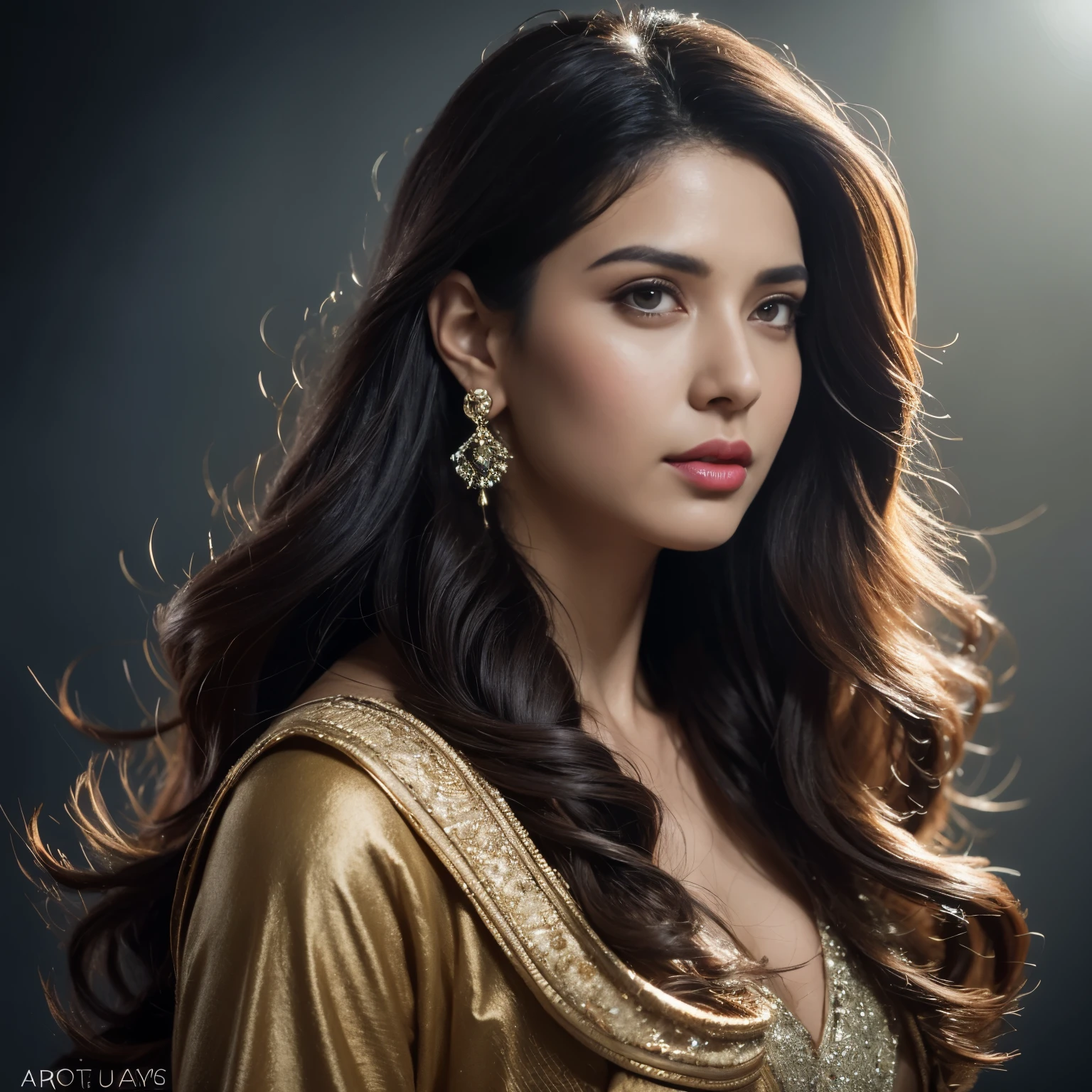 Portrait of A confident-looking indian woman with long flowing hair, hazel eyes, with flowing capes, perfect composition, hyperrealistic, super detailed, 8k, high quality, trending art, trending on artstation, sharp focus, studio photo, intricate details, highly detailed, art by greg rutkowski