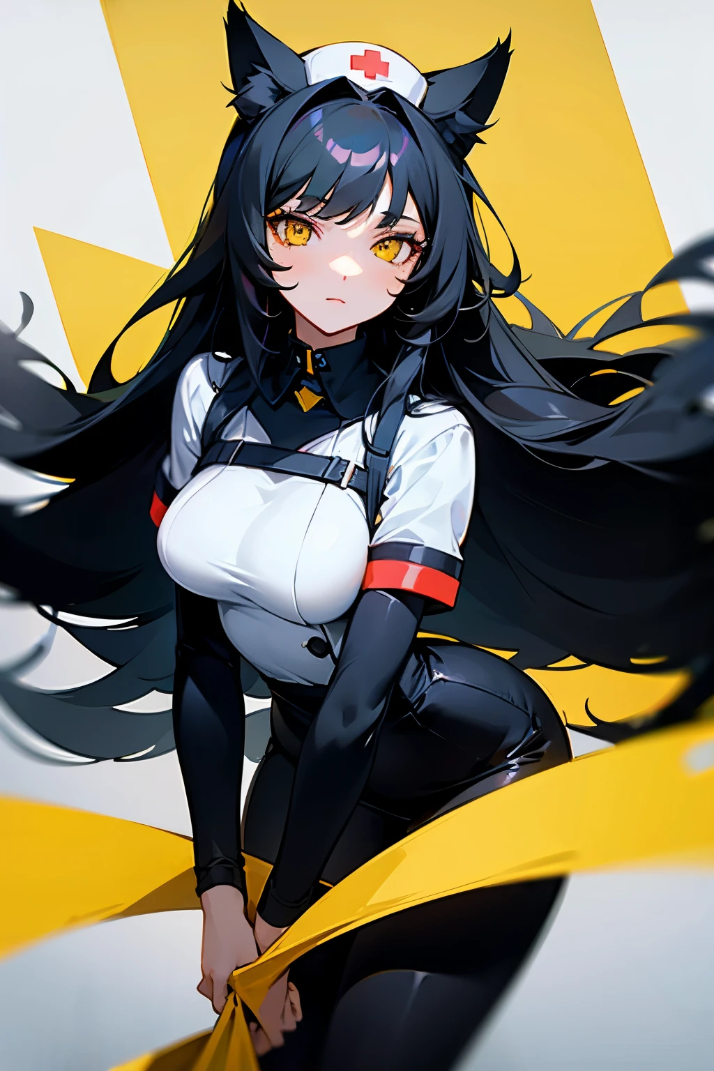 A beatiful pale anime girl with long black hair, bangs, yellow eyes and a suggestive smile.