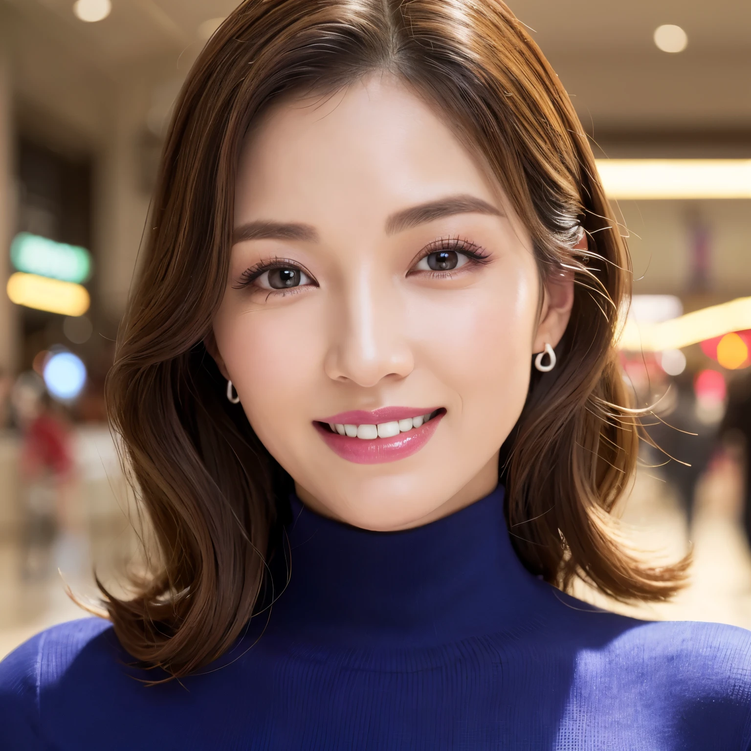 ((highest quality, table top, Super high resolution、the most complex and detailed depiction))、(Very bright lighting:1.1)、(Mature woman wearing a turtleneck sweater:1.1)、(45 year old mature woman:1.2)、(wrinkled face:1.2)、(long wavy hair:1.1), (accurate anatomy:1.1)、perfect makeup、long eyelashes、lipstick、highly saturated eyeshadow、Tight knitwear、perfect fit、emphasize body line、(big and full breasts:1.1)、perfect turtleneck knit sweater、blurred background, look at me and smile、The background is the interior of a large shopping mall.、(close up of face:1.1)、(Super high-resolution lustrous, fair-skinned skin:1.1)、Ultra-high resolution face、super high resolution hair、Super high resolution sparkling eyes、Super high resolution glossy lips、(very brightly illuminated fair skin:1.1)、Beautiful face drawn in great detail、Super high resolution perfect beautiful teeth、(very bright and vivid:1.1)