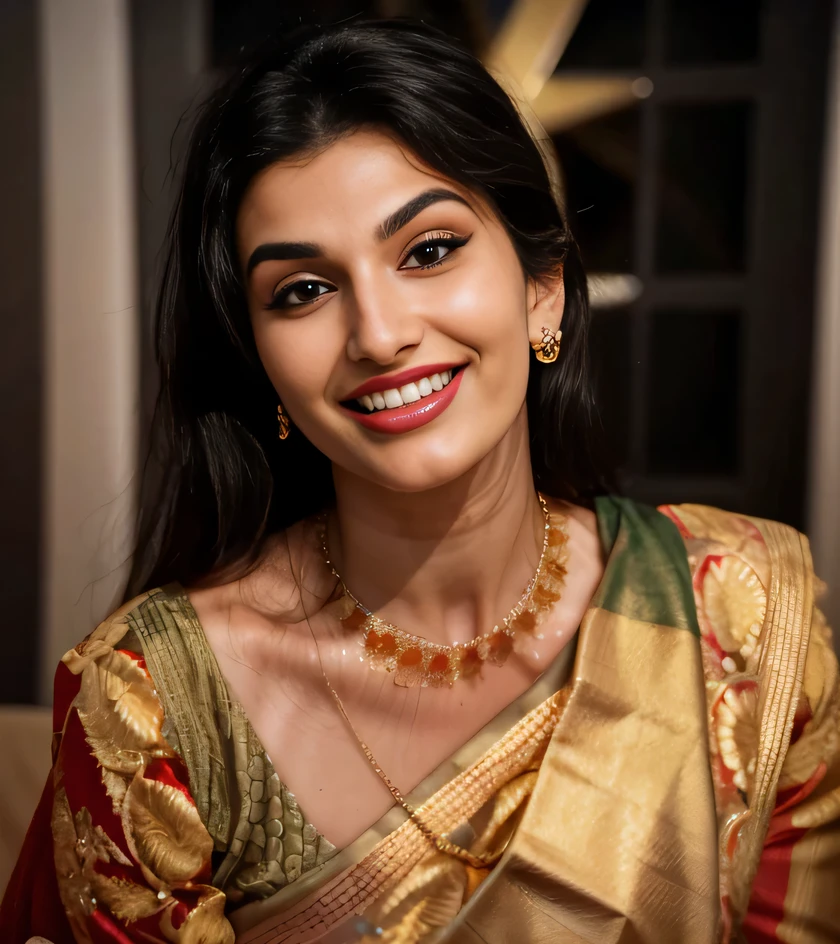 Realistic photo of (yaelaris: gr4c3f:0.5)  in red_saree,  gold neckless, nose ring, playful smile, beautiful face, furious dark haired women, gorgeous goddess female , analog style, looking at viewer, (tan skin texture),  close up, ultra high res, best shadow, RAW, instagram LUT