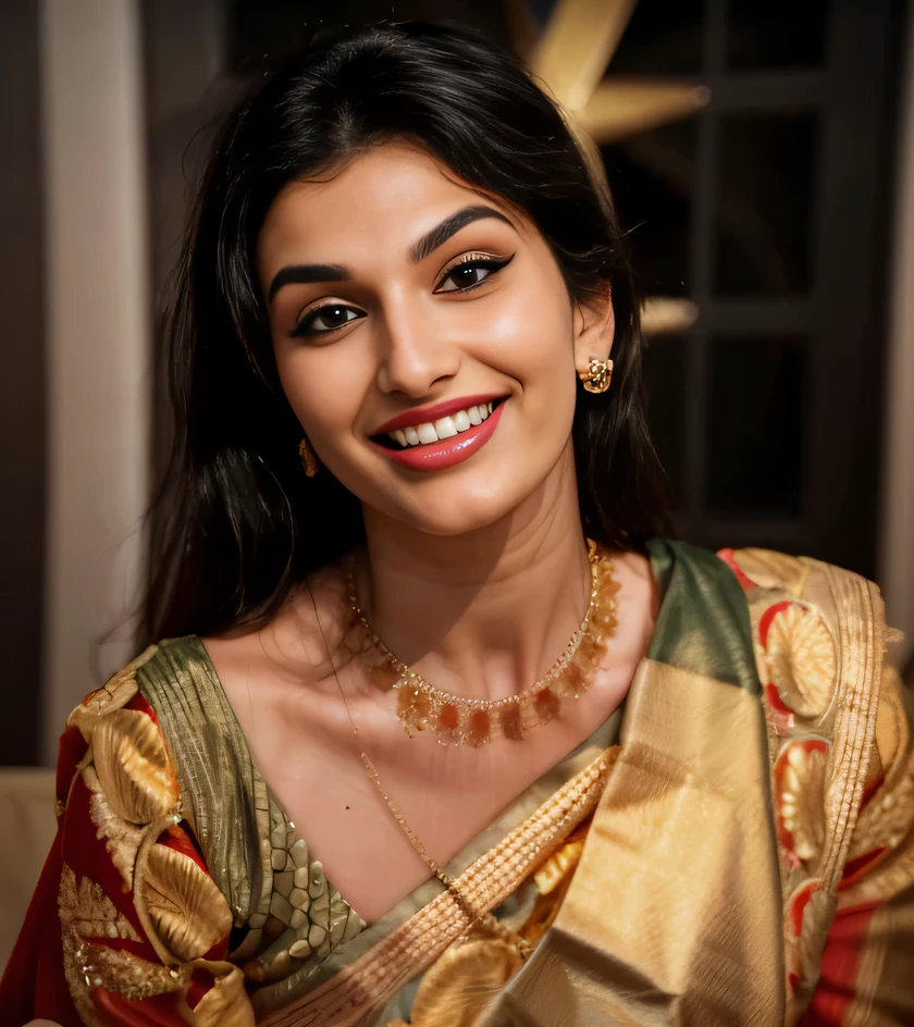 Realistic photo of (yaelaris: gr4c3f:0.5)  in red_saree,  gold neckless, nose ring, playful smile, beautiful face, furious dark haired women, gorgeous goddess female , analog style, looking at viewer, (tan skin texture),  close up, ultra high res, best shadow, RAW, instagram LUT