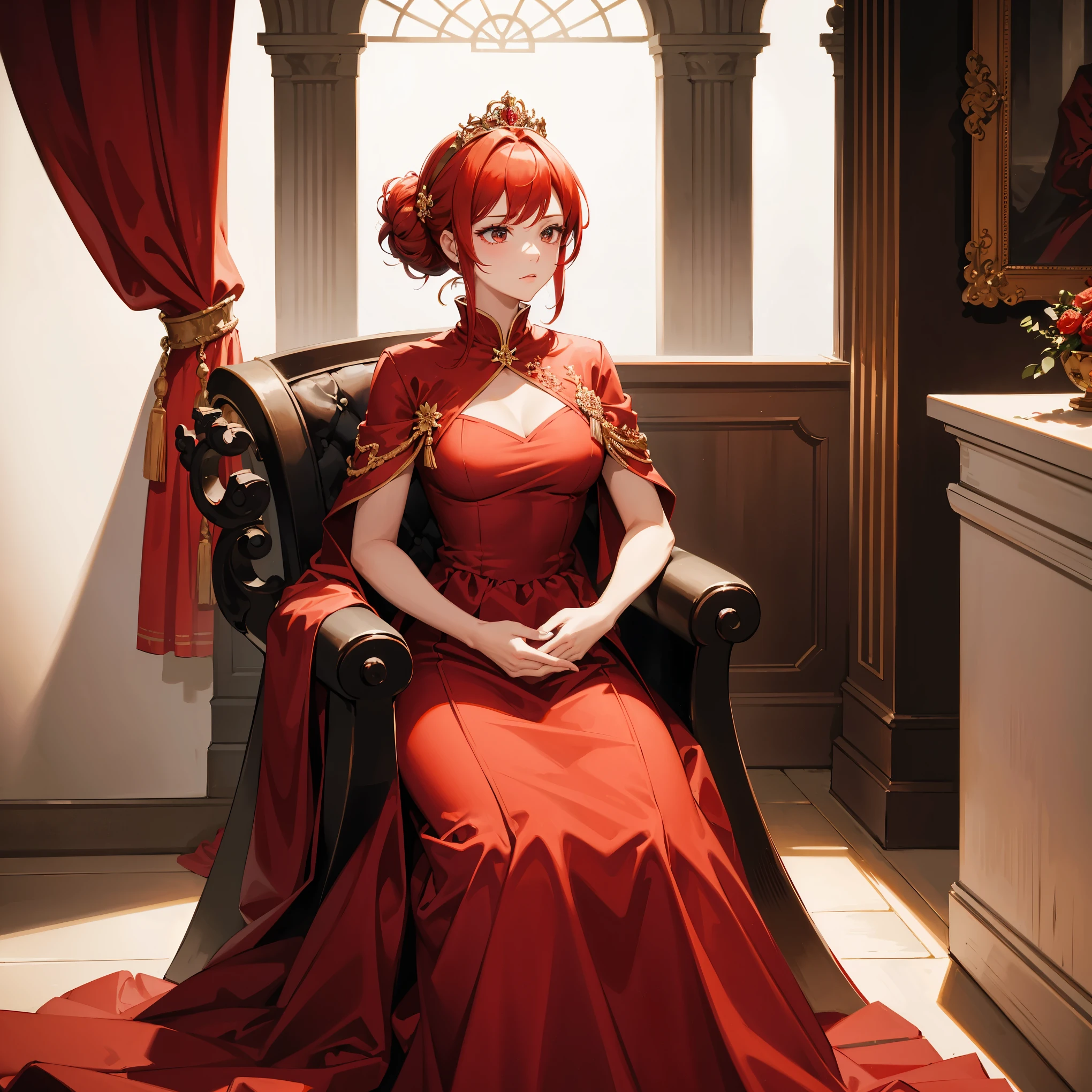 masterpiece,top quality,1 woman,red hair tied into a bun,long red ball gown,throne room,beautiful,queen,solemn look