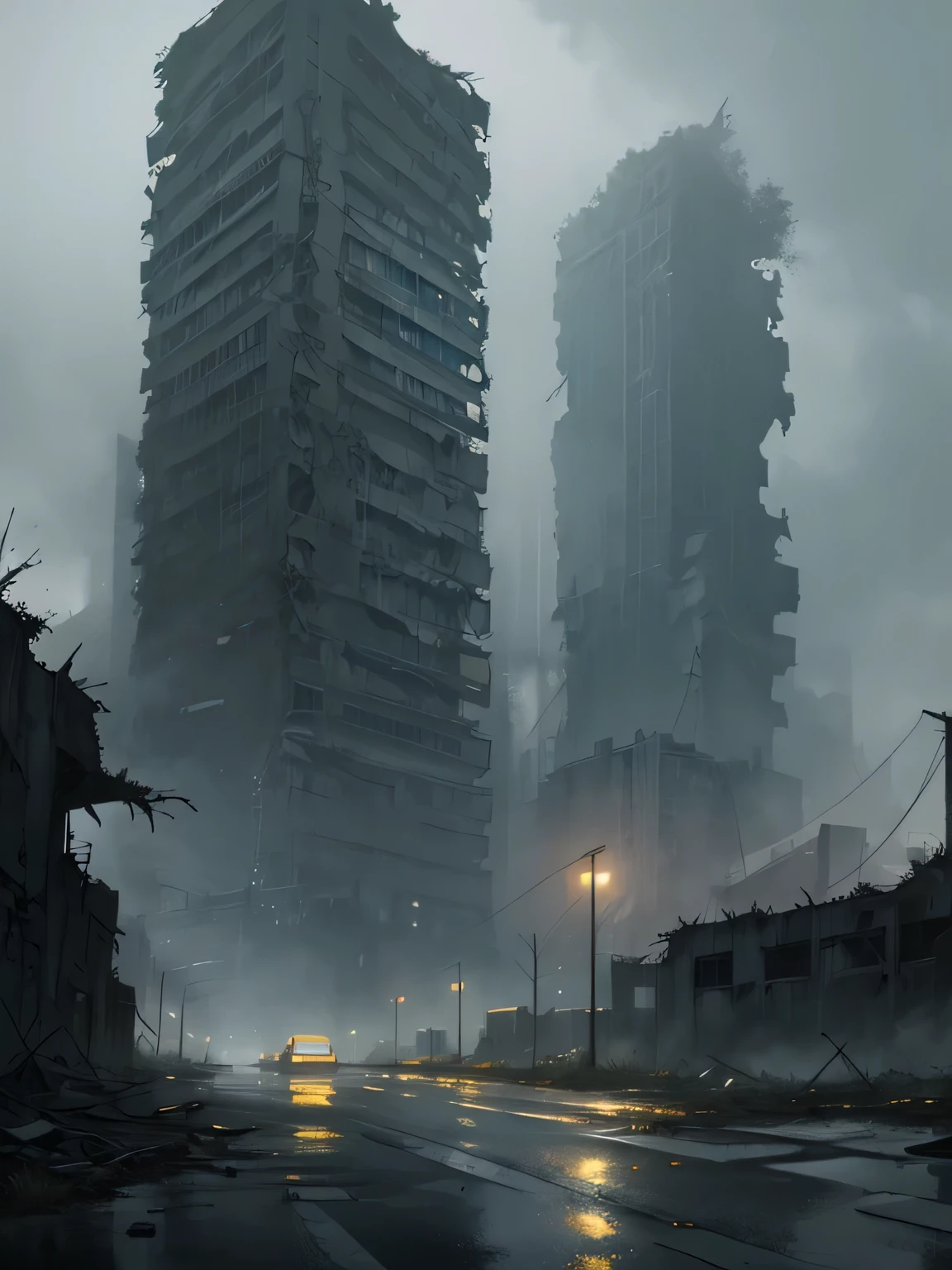 old abandoned mega city. mystery, technoir. Post apocalyptic environment. ruined tall buildings. Brutalism architecture. rain, fog, night. wet road. Post soviet architecture. 