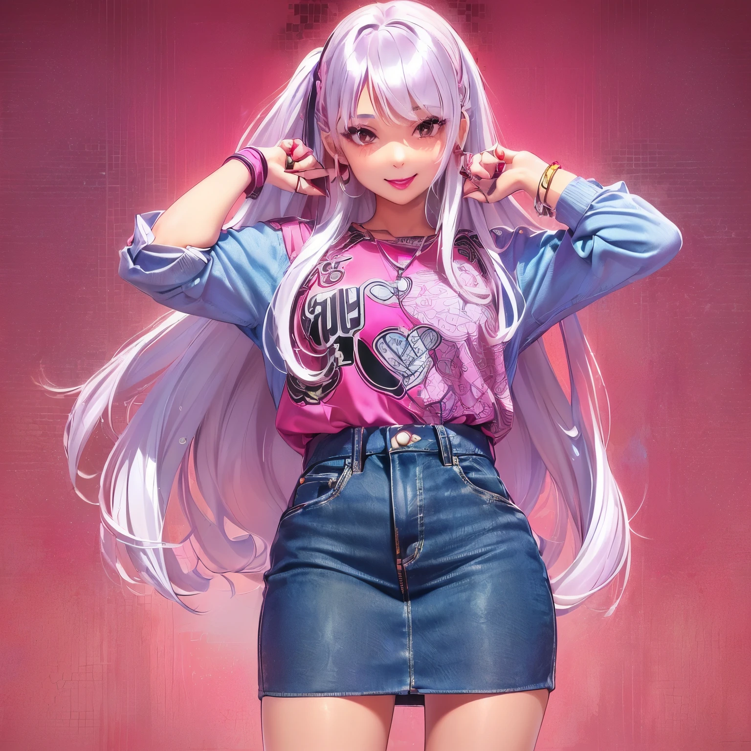 1girl, (((solo))), (((beautiful))), (((long loose silky hair, any colour hair))), (((any skin colour))), (((lipstick, any colour lipstick))), (((blush))), (((smile))), ((((casual 90's clothes, fashionable 90's attire, trendy style)))), ((((decent)))), (((stylish accessories))), (((colourful 90's background, any pattern)))