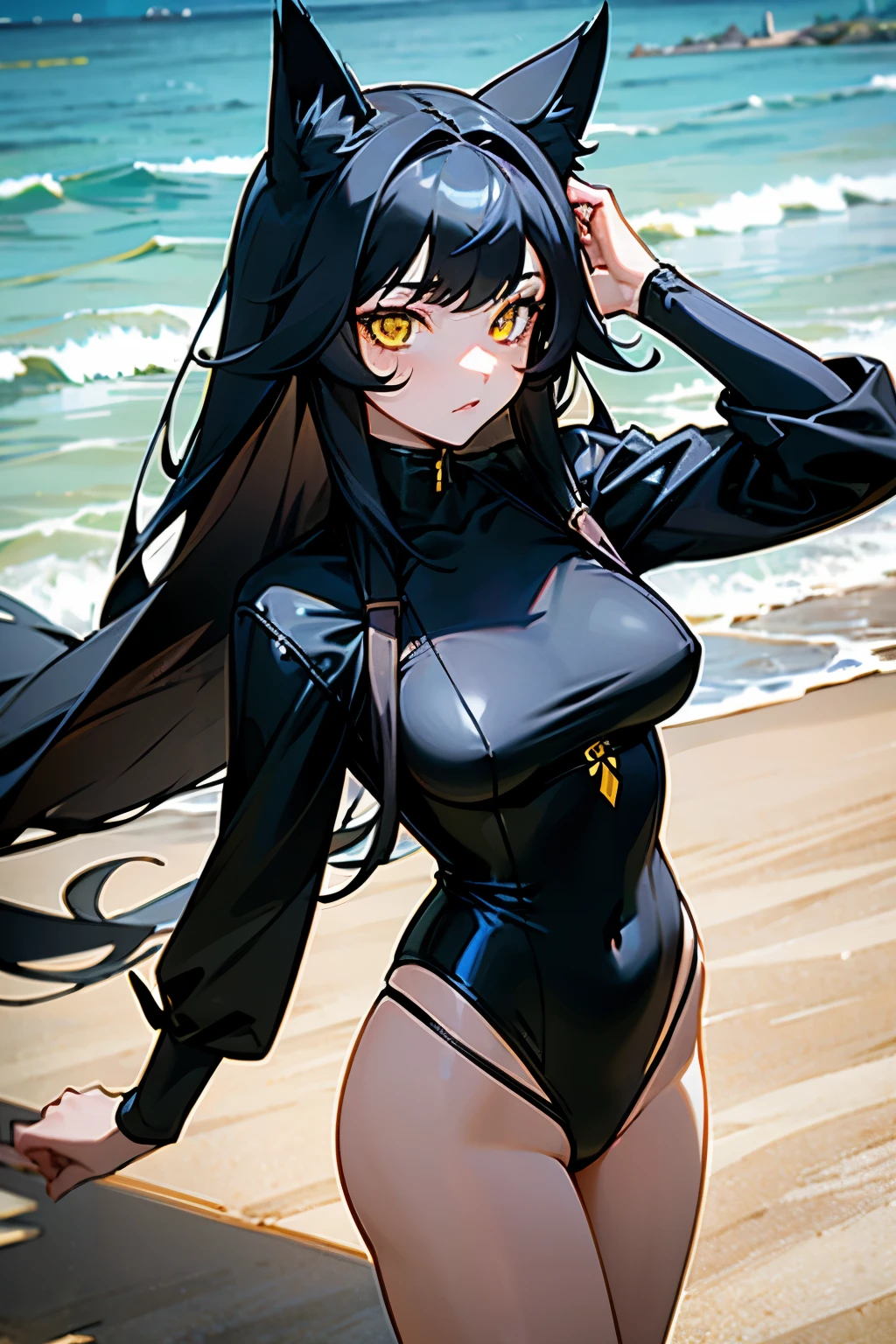 redraw, 1girl, long black hair, yellow eyes, medium breasts, black cat ears, slingshot swimsuit, beach, ultra-detailed, masterpiece 