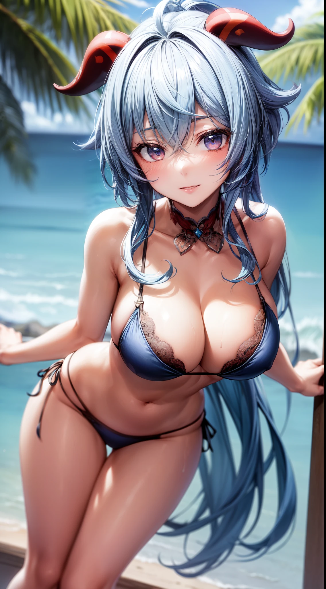 anime, beautiful face, highly detailed face, 2 accurate legs, detailed eyes, highly detailed beach background, perfect lighting, best body lighting, 1girl, solo, ganyu, genshin impact, outdoors, (beautiful light blue hair:1.2), absurdres, high res, ultrasharp, 8K, masterpiece, looking at viewer, teasing smile, BREAK (detailed sexy beach bikini:1.2), (all intricate lace:1.1), (sexy pose:1.2), (extremely close up:1.3)