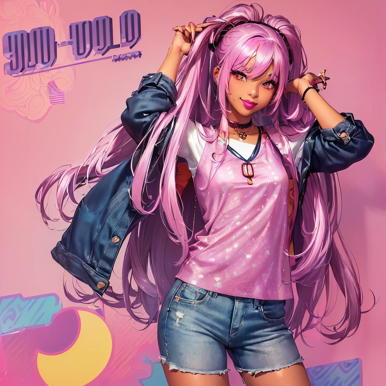 1girl, (((solo))), (((beautiful))), (((long loose silky hair, any colour hair))), (((any skin colour))), (((lipstick, any colour lipstick))), (((blush))), (((smile))), ((((casual 90's clothes, fashionable 90's attire, trendy style)))), ((((decent)))), (((stylish accessories))), (((colourful 90's background, any pattern)))