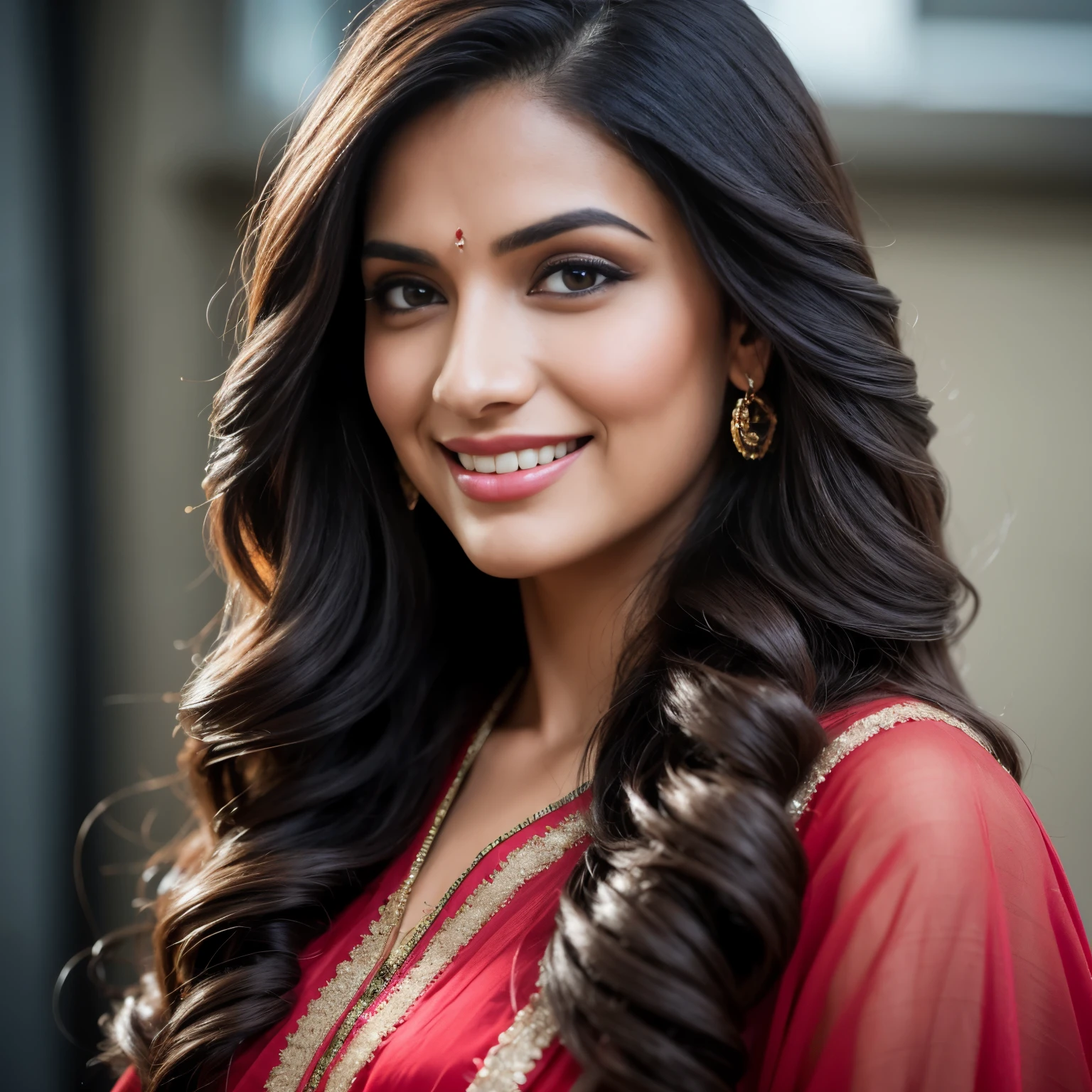 Portrait of A confident-looking indian woman with long flowing hair, hazel eyes, with flowing capes and saree, smiling, perfect composition, hyperrealistic, super detailed, 8k, high quality, trending art, trending on artstation, sharp focus, outdoor rainy season photo, intricate details, highly detailed, art by greg rutkowski