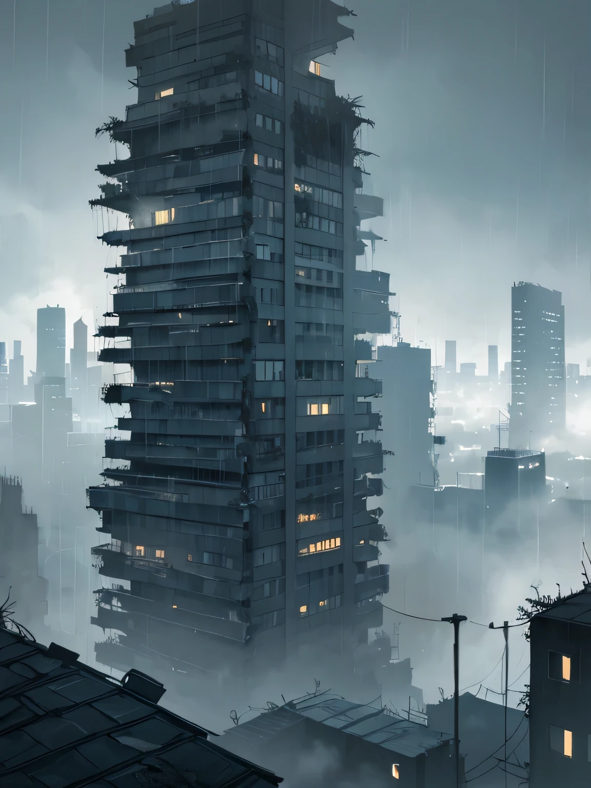 Rooftops of an old abandoned mega-city. Brutalism architecture, Rain, fog, night.