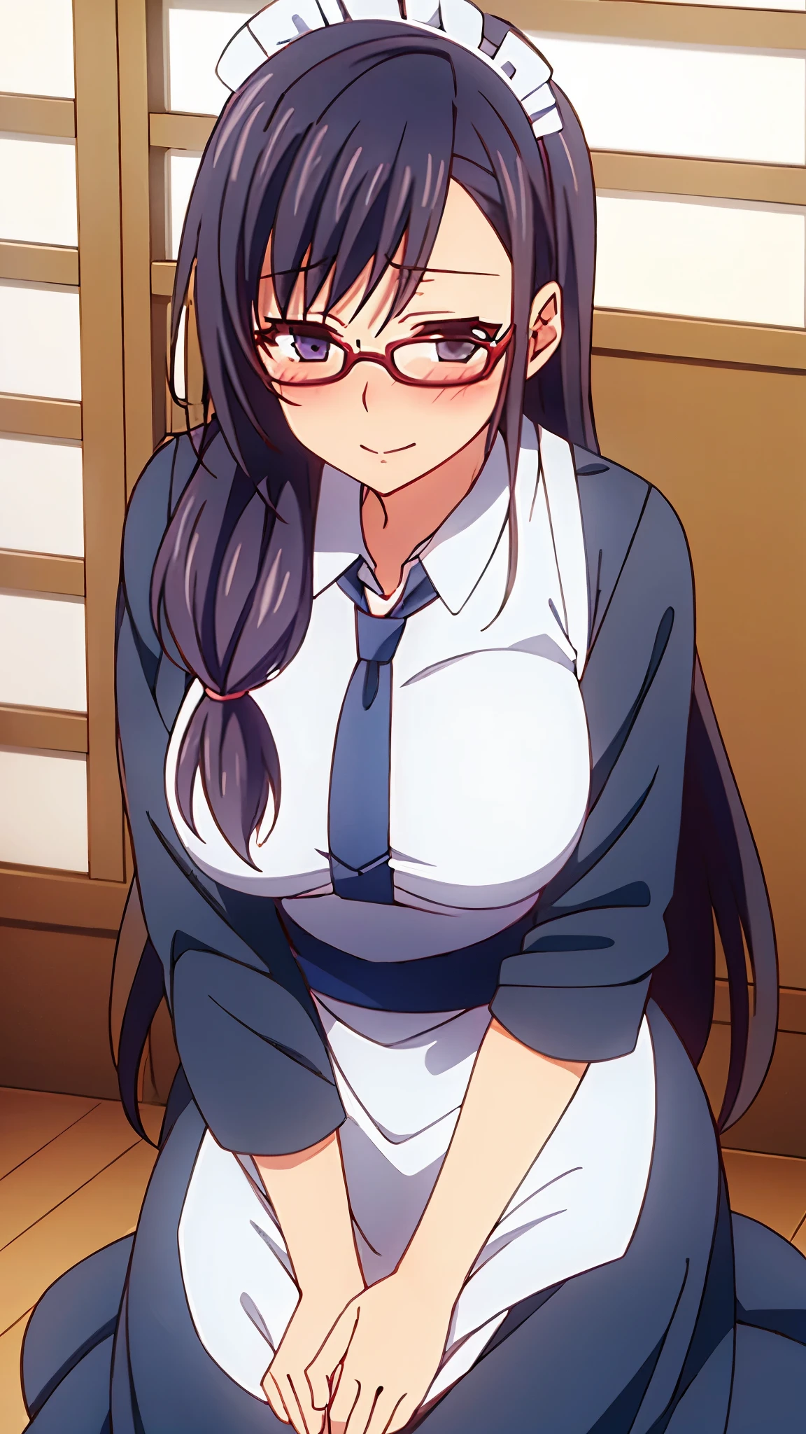 1 milf, long hair, blushing, wearing glasses, maid, looking at the camera 