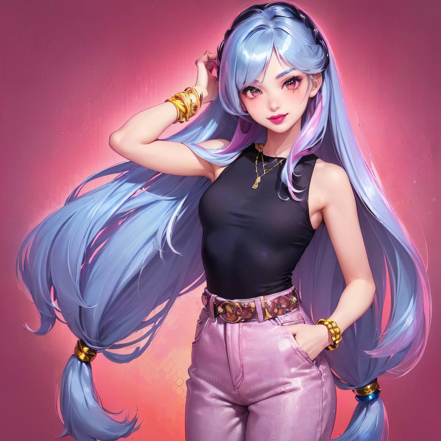 1girl, (((solo))), (((beautiful))), (((long loose silky hair, any colour hair))), (((any skin colour))), (((lipstick, any colour lipstick))), (((blush))), (((smile))), ((((casual 90's clothes, fashionable 90's attire, trendy style)))), ((((decent)))), (((stylish accessories))), (((colourful 90's background, any pattern)))