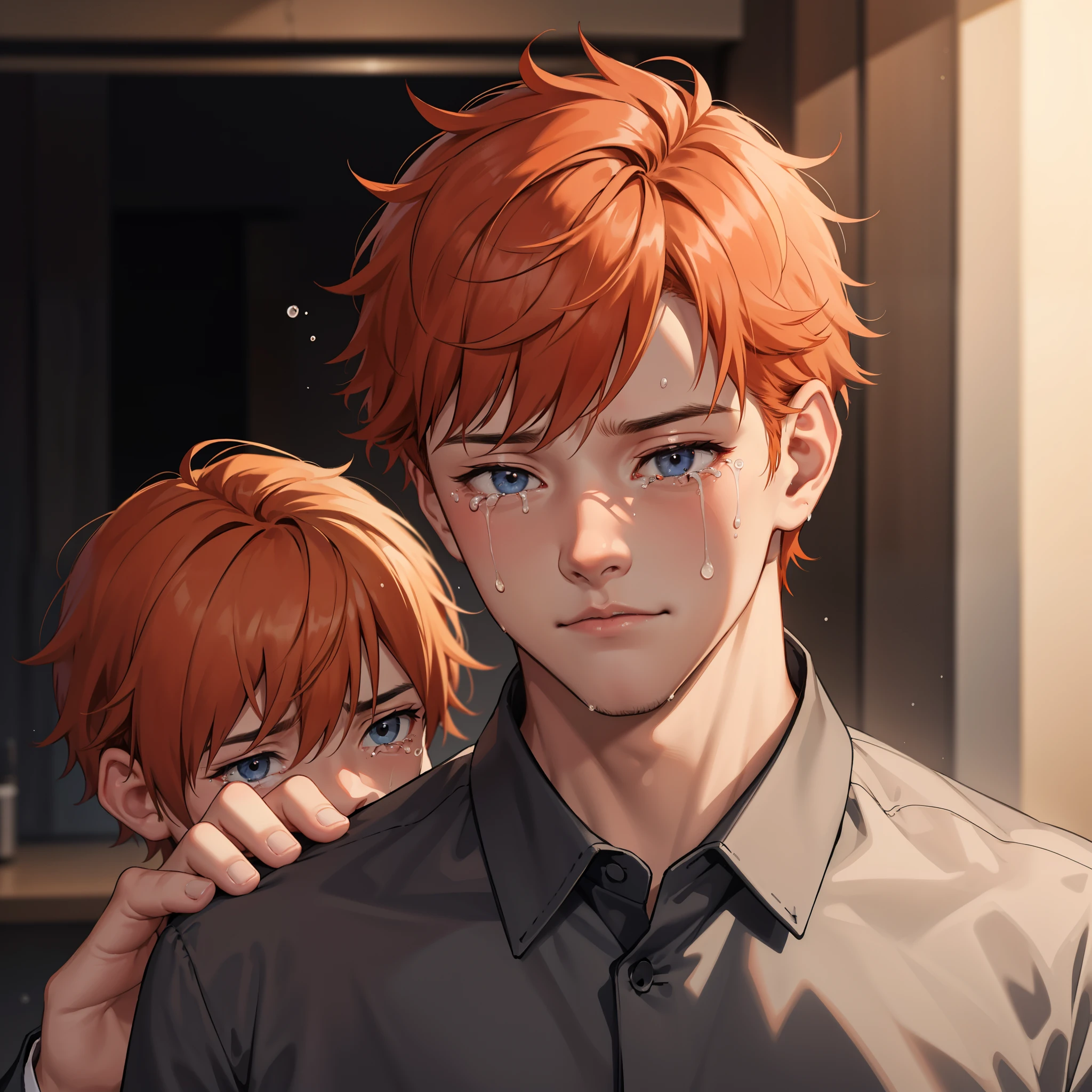 15-year-old boy with orange hair, tears on his face, dressed in black, crying with sadness because his friend has died