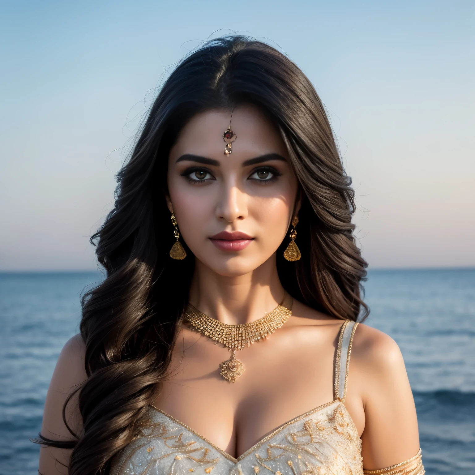 Portrait of A confident-looking indian woman with long flowing hair, hazel eyes, with flowing cape, wearing designer jewellery, visible c-cup breast sitting on boat, ocean background, bokeh perfect composition, hyperrealistic, super detailed, 8k, high quality, trending art, trending on artstation, sharp focus, nude photo shoot, intricate details, highly detailed, art by greg rutkowski