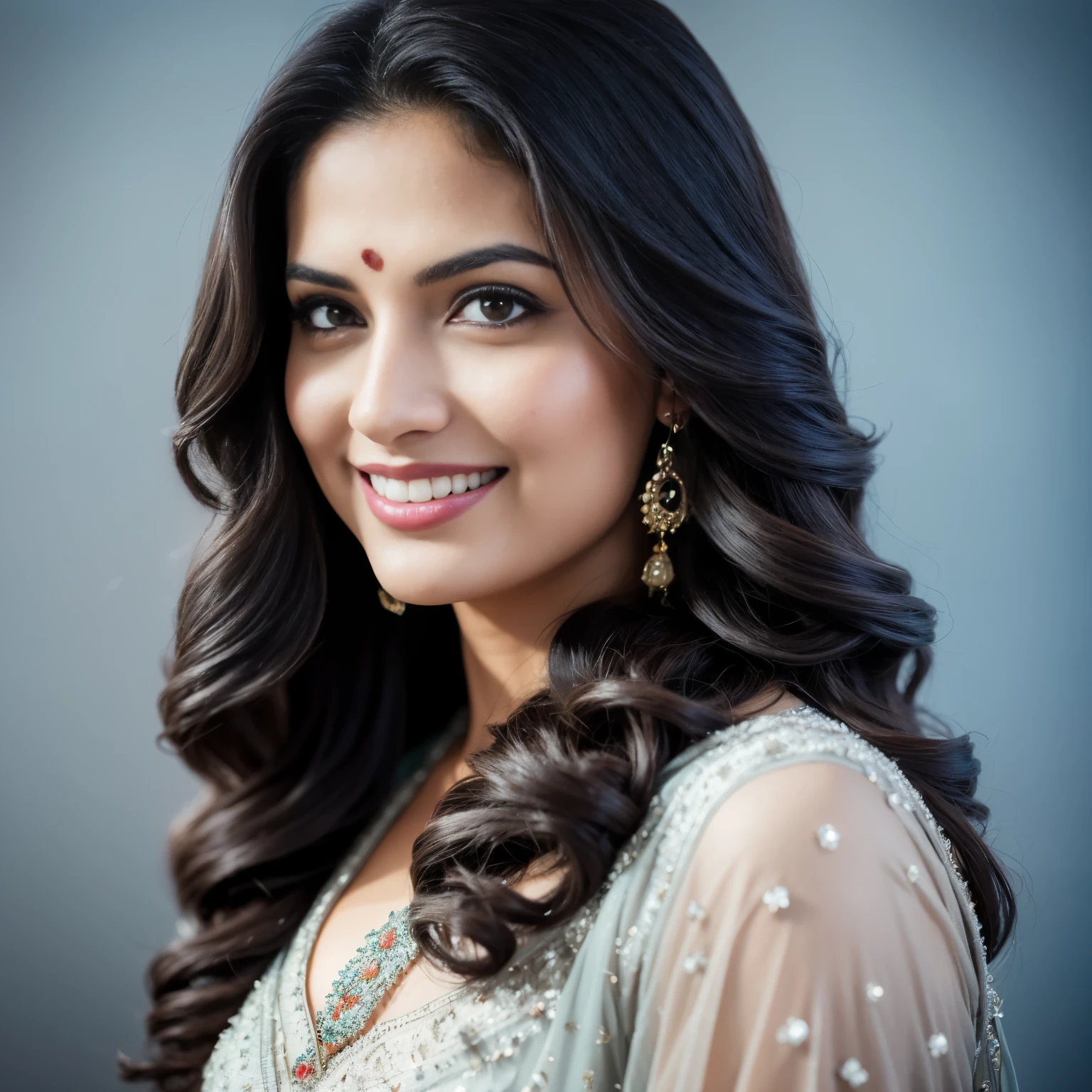 Portrait of A confident-looking indian woman with long flowing hair, hazel eyes, with flowing capes and ice blue colour saree, smiling, standing in ice, perfect composition, hyperrealistic, super detailed, 8k, high quality, trending art, trending on artstation, sharp focus, siberian photo, intricate details, highly detailed, art by greg rutkowski