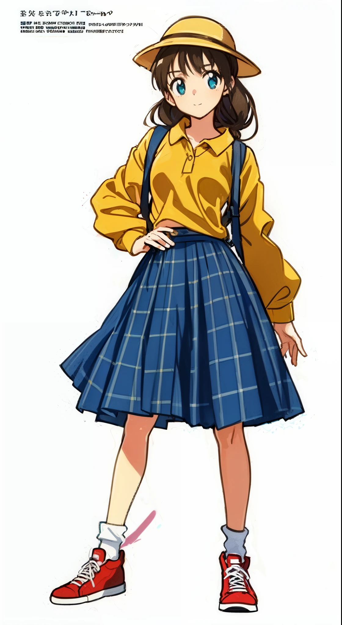 (white background:1.0), (best quality:1.0), (masterpiece:1.0), (super fine illustration:1.0), (beautiful artwork:1.0), (anime screencap:1.0), (official art:1.0), (full body:1.0), (solo:1.0), (ESGA:1.0), (a 12yo cute girl:1.0), (yellow hat:1.25), (red backpack:1.0), (long skirt:1.0), (green tartan skirt:1.0), (pleated skirt:1.0), (aqua blue polo shirt:1.0), (long sleeve polo shirt:1.0), (sneakers:1.0), (white socks:1.25), (ideal ratio body proportions:1.25), (lanky:1.25), (tall:1.25), (slender:1.25), (small breasts:1.25), (smaller face:1.25), (tareme:1.0), (detailed beautiful eyes:1.0), (detailed beautiful face:1.0), (glowing black eyes:1.0), (short hair:1.0), (low twintails:1.0), (black hair:1.0), (standing:1.0), (looking at viewer:1.0)