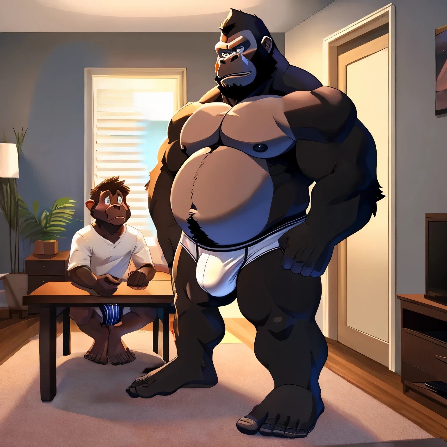 Adult gorilla son, (furry), anthro, nervous, bashful, wearing tight white briefs ((jockey y fronts)), detailed bulge, ((show feet)) standing