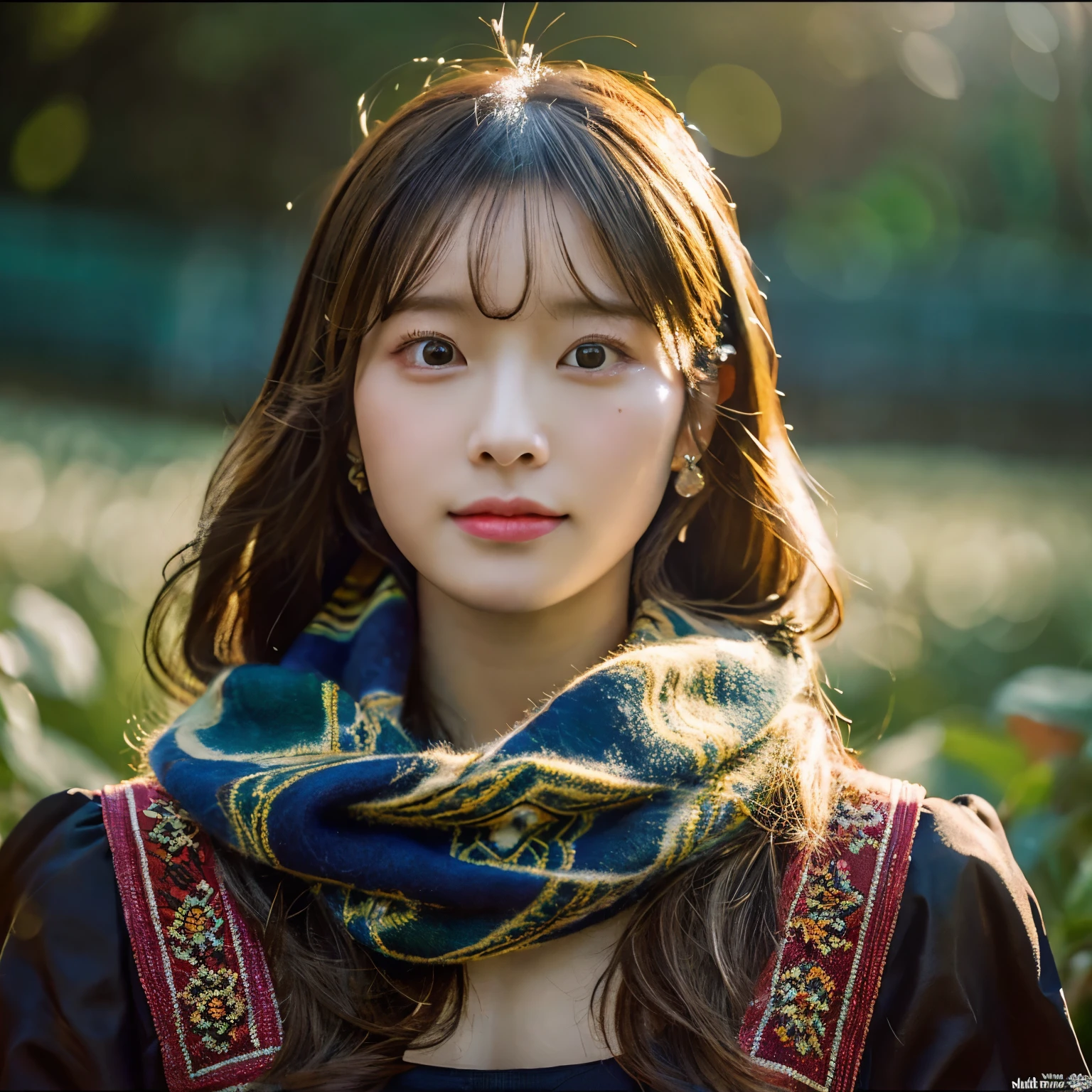 (RAW Photo, Best Quality), (Realistic, Photo Realistic: 1.3), Best Quality, Highly Detailed, Masterpiece, Ultra Detailed, Illustration, 1 Girl, upper_body, Dynamic Angle, Extremely Detailed CG Unified 8k Wallpaper, Ink, Amazing, Movie upper_body, Dynamic Angle, World Mastery Theater, messy_long_hair, Best Quality, Extremely Detailed CG Unified 8k Wallpaper, Ink, Amazing, Movie Lights, lens_flare, dunhuang_style, Detailed Face, Beautiful Rendering of Tang Dynasty, (Deliberate expression: 1. 5), Standing in a flower field, (Looking up at the stars: 1.2), Fireflies, Scarf floating , sony master shot, woman posing for photo in front of tv, inspired by Fei Danxu, brown hair and bangs, hi-res screenshot, nicovideo, normal hands, vivid colors, full face shot of limur tempest, nice studio lighting, vhs screenshot, beautiful fine face