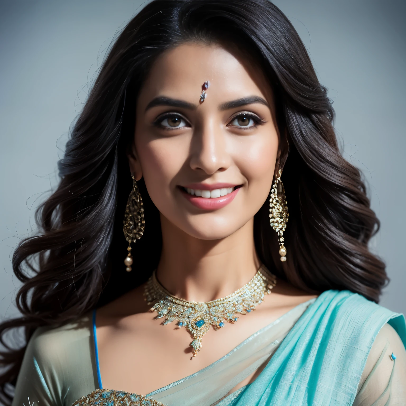 Portrait of A confident-looking indian woman with long flowing hair, hazel eyes, with flowing capes and ice blue colour saree, smiling, standing in ice, perfect composition, hyperrealistic, super detailed, 8k, high quality, trending art, trending on artstation, sharp focus, siberian photo, intricate details, highly detailed, art by greg rutkowski