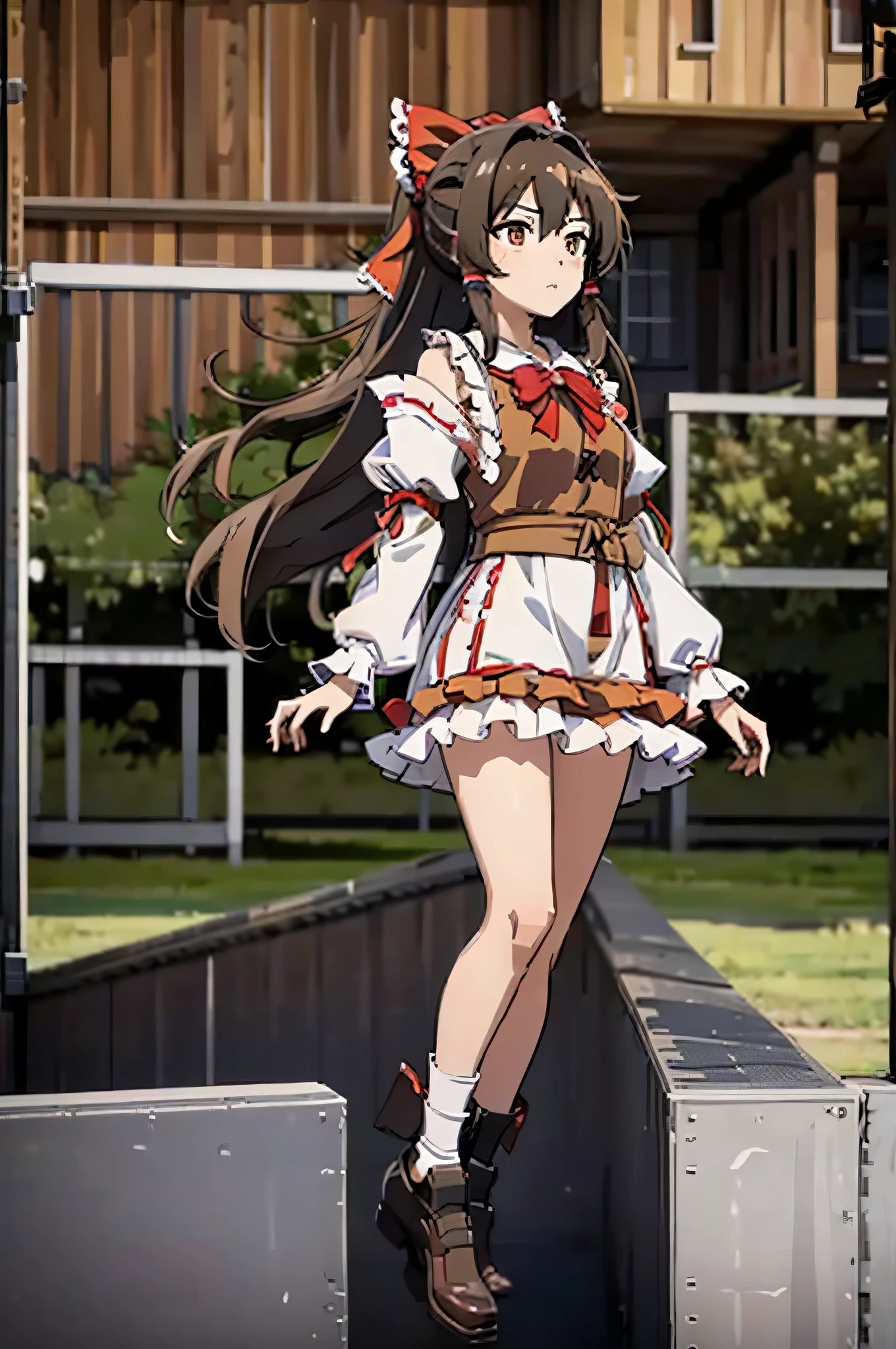 1girl, solo, hakurei reimu, touhou project, masterpiece, brown eyes, medium breasts, long dark brown hair, ponytail, frilled bow, frilled hair tubes, Russia, Russian clothes, stalingrad background