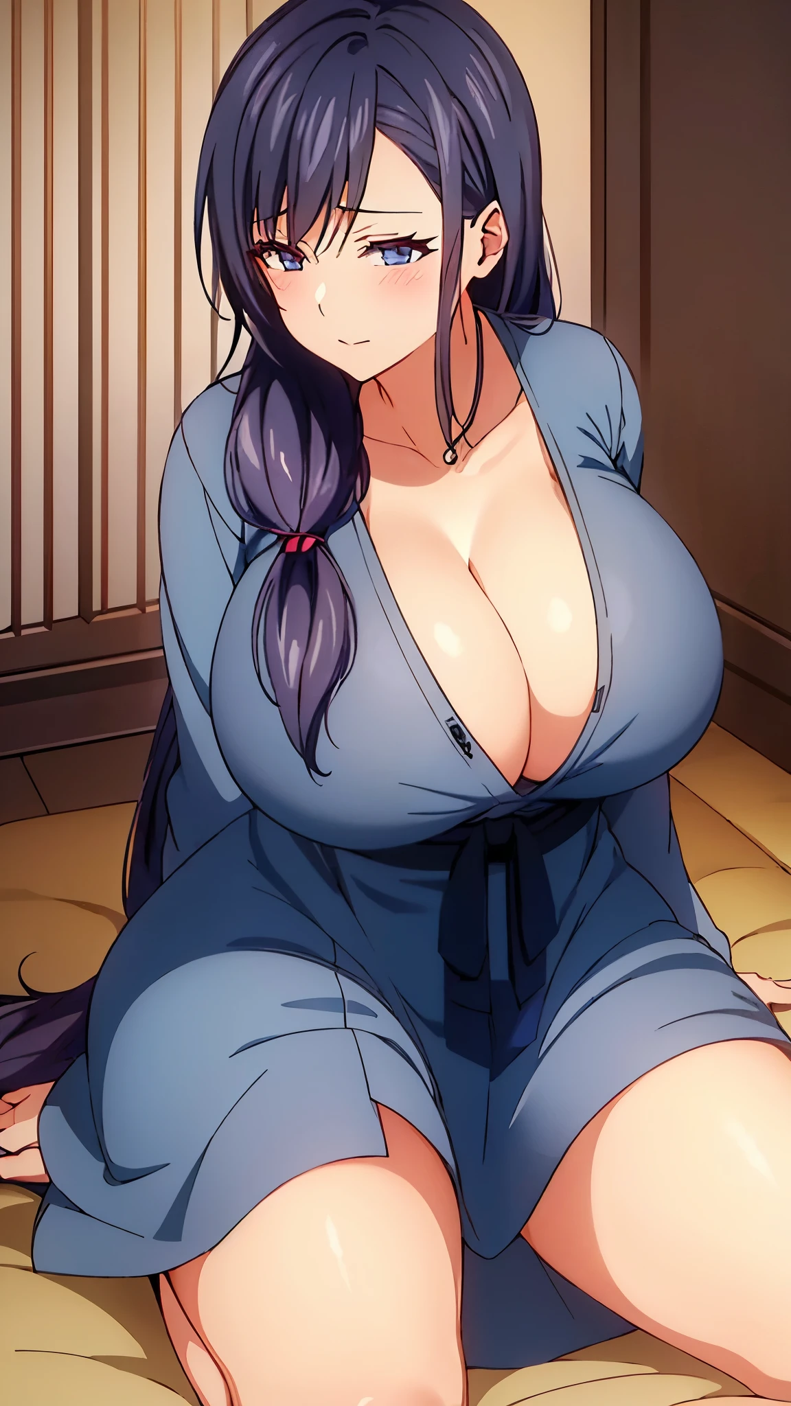 a close up of a woman with long hair and a blue shirt, seductive anime girl, oppai, breasts covered and sfw, big breasts!, attractive anime girl, anime best girl, big breasts!!, with a large breasts, sfw huge breasts, black long hair, cleavage, (sfw) safe for work, with large breasts, revealing clothes