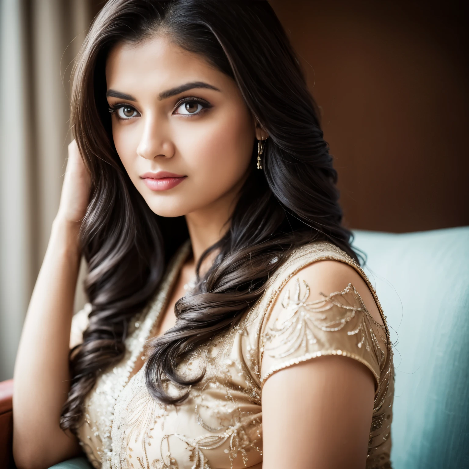 Portrait of A confident-looking indian girl long flowing hair, hazel and brown eyes, c-cup breasts, sitting on sofa, office background, bokeh, perfect composition, hyperrealistic, super detailed, 8k, high quality, trending art, trending on artstation, sharp focus,  studio photo, intricate details, highly detailed, art by greg rutkowski