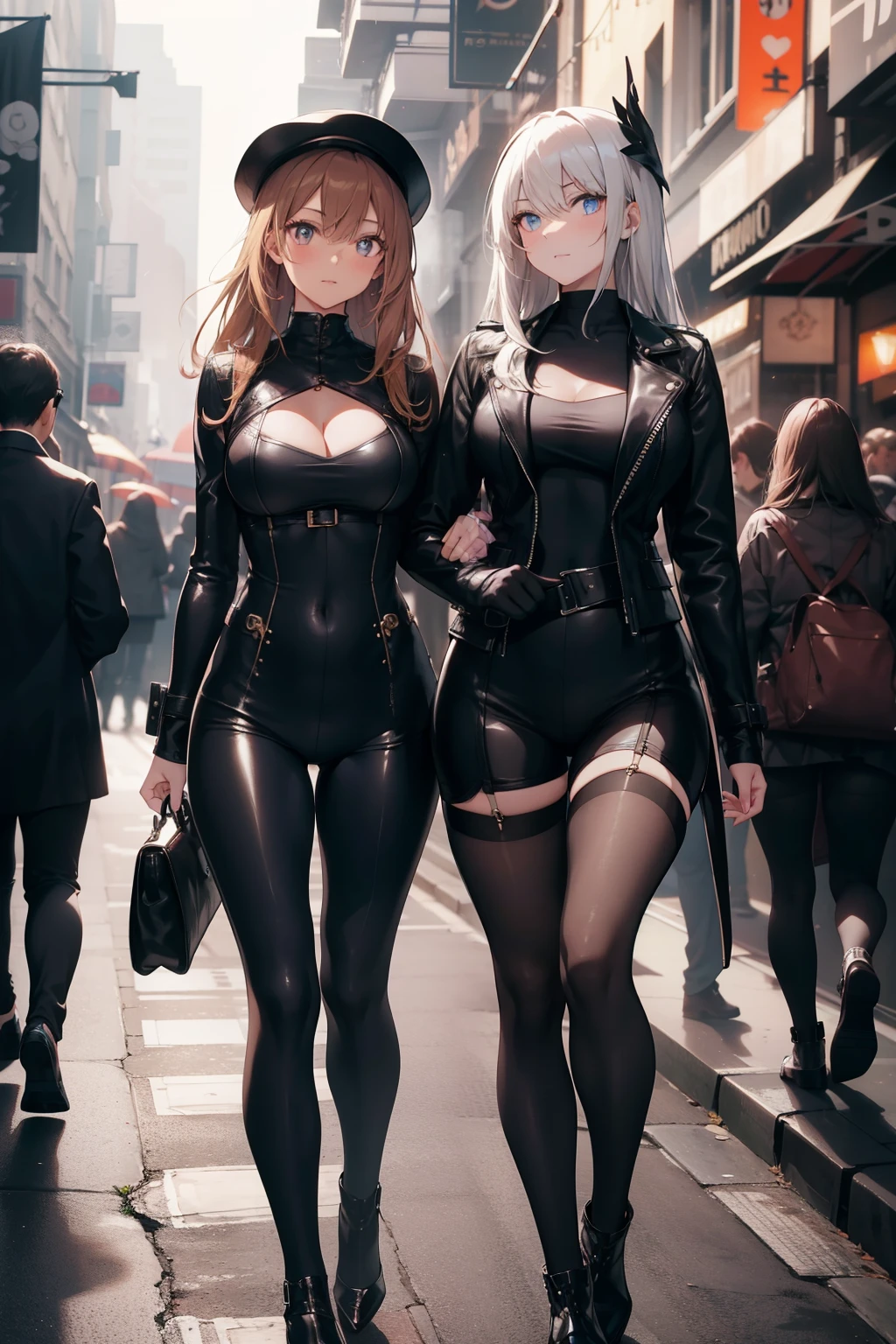 Two stunning girls, graced with full bodies and complete fingers, strolled confidently in the bustling street. Their slender beauty was accentuated by the contrast of leather strings and cameltoe outfits concealed beneath trenchcoats. The roundness of their bodies hinted at the seductive dominatrix and sub outfits they wore beneath. The crowd around them couldn't help but stare in awe, their eyes drawn to the allure of the mysterious women.