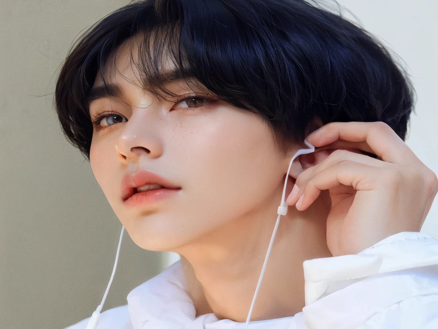 hay un hombre con auriculares puestos y una camisa blanca, kim doyoung, pintar ulzzang, hyung tae, Jimin, jungkook, kim taejin, yoongi de pelo negro, pale korean adorable face, inspirado en jeonseok lee, jinyoung shin, Jung Jaehyun, delicate androgynous prince, inspirado en Kun Can, Jimin\los labios carnosos Kpop male face, Riize , Anton 