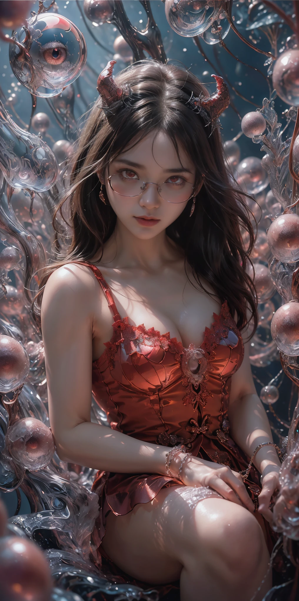 (The best illustrations)、realisitic、ultra-detailliert、The best lighting、Best Shadows、alluring succubus, ethereal beauty, perched on a cloud, (fantasy illustration:1.3), enchanting gaze, captivating pose, delicate wings, otherworldly charm, mystical sky, (Luis Royo:1.2), (Yoshitaka Amano:1.1), Dungeon and Dragon、caves、Dungeon、 A Necromancer、natta、Dark style、Succubus、Devil's Daughter、Bat Wings,(((Demon Hornlack-rimmed round glasses))))、(red eyes glowing:1.6)、beautiful countenance、Tindall Effect、(High Detail Skins:1.2) absurderes、Ponytail distortion、jewely、Beautiful expression、Toned waist、Wide buttocks、Tindall Effectmasuter piece、top-quality、Highest Standards、Top image quality、masutepiece、intricate detailes、High resolution、Depth Field、natural soft light、profetional lighting、Great smile、(High Detail Skin: 1.2)、photorealistic anime girl render、Strong highlights of the eyes、Perfect Anatomy、crotch open、Shy、Spreading your legs、Panties are visible、Skirt flipping、Body shiny with oilerectile nipple))、8K resolution、intricate clothing、Intricate details、Panties visible through the skirt、Panties in full view、Small panties, pink nipple, pink pussy