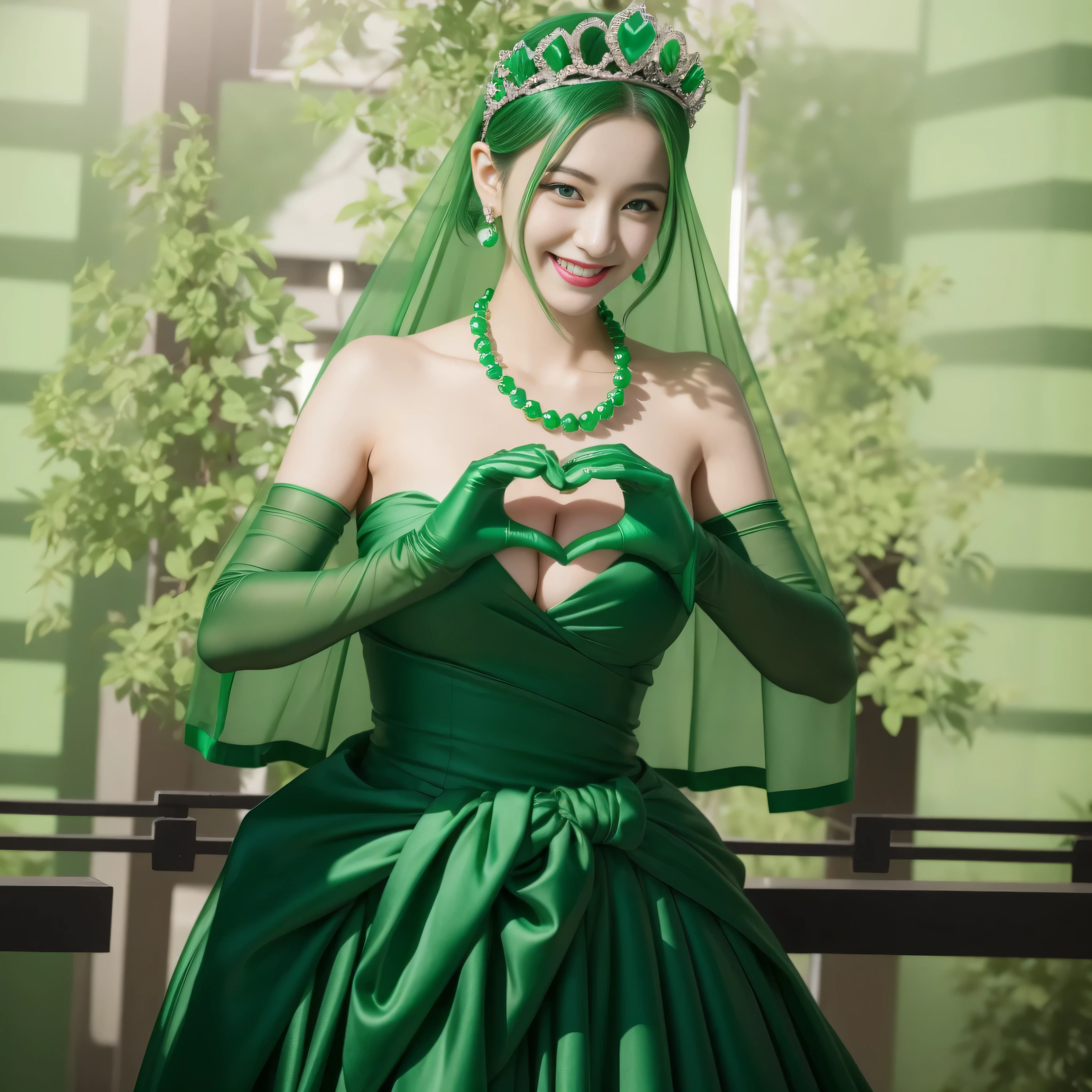 emerald tiara, Green Pearl Necklace, ボーイッシュな非常に短いgreen hair, lipstick, smiling Japanese woman, very short hair,  beautiful woman with big breasts, green eyes, green satin long gloves, green eyes, emerald earrings, Green veil, Heart with both hands, green hair, beautiful japanese woman, heart shaped hands:1.3, green lip gloss