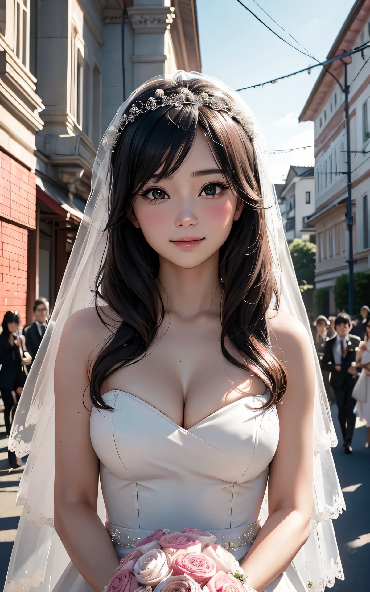 absurderes:2.0、(Blush、wedding veil:1.4, face focus:1.3)、japanese actress、solo, realistic, Unity 8K Wallpaper, Masterpiece, Realistic face, Realistic skin feeling ,detailed hair, highly detailed, realistic glistening skin, light makeup, (mini wedding dress:1.6、curvy、big breasts, black eyes)、in front of the church、 happiness、outdoor
