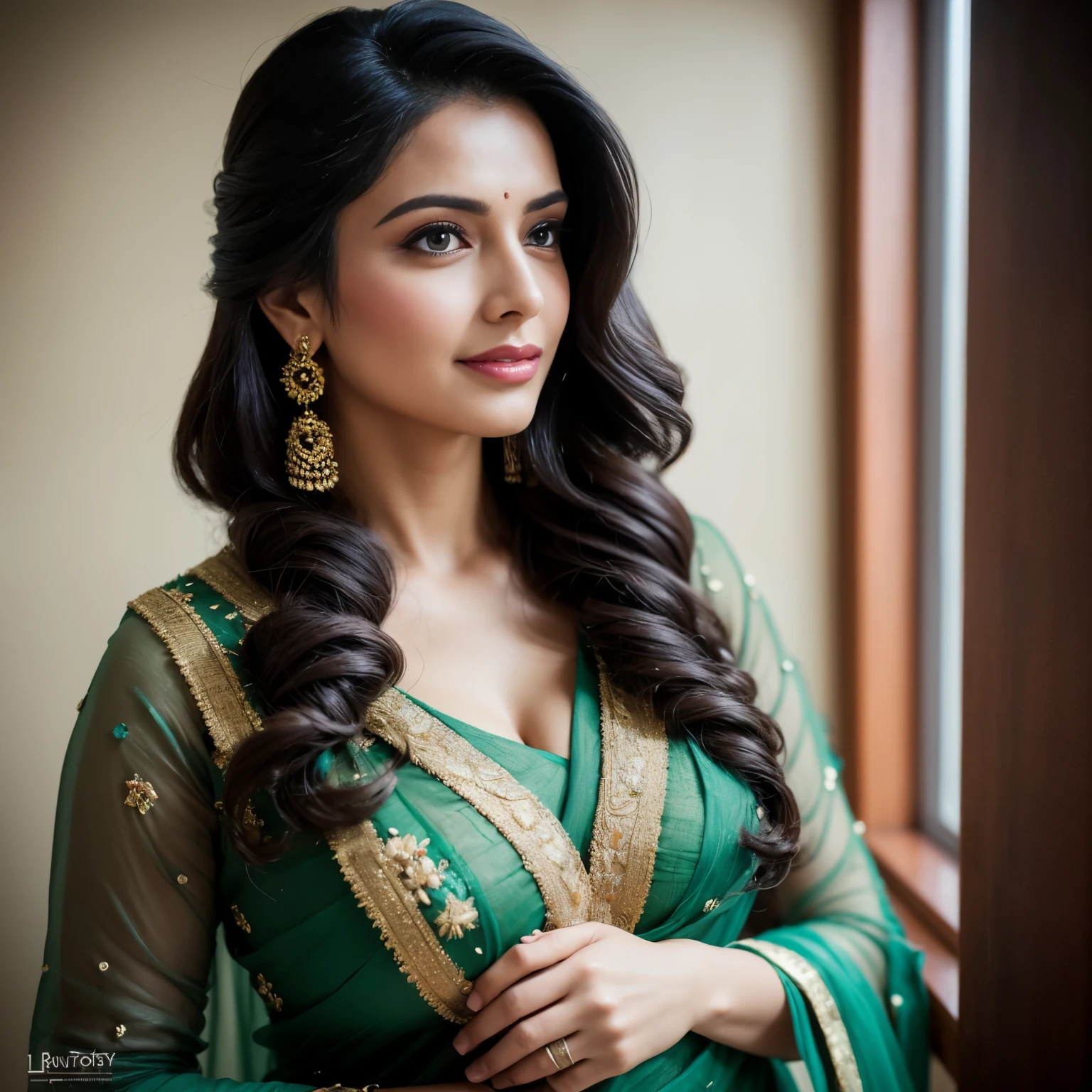 Portrait of A confident-looking indian  woman with bun of long and thick hair tied behind and covered with flowers, hazel eyes, wearing a traditional green saree, wearing lots of jewellery, smile on face, lusty look, standing in bedroom, perfect composition, hyperrealistic, super detailed, 8k, high quality, trending art, trending on artstation, sharp focus, studio photo, intricate details, highly detailed, art by greg rutkowski