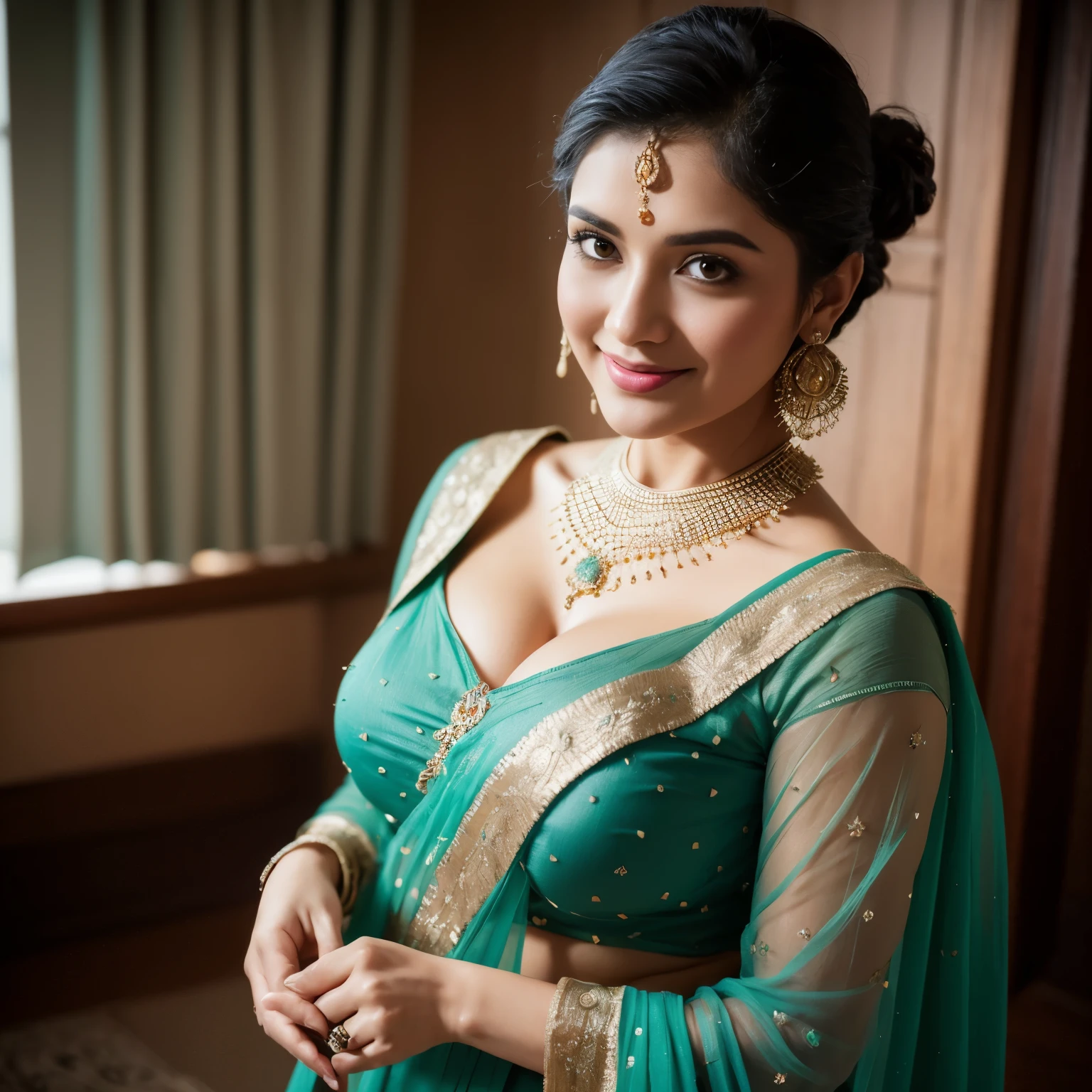 Portrait of A confident-looking indian woman with bun of long and thick hair tied behind and covered with flowers, hazel eyes, wearing a traditional green saree, wearing lots of jewellery, smile on face, lusty look, standing in bedroom, perfect composition, hyperrealistic, super detailed, 8k, high quality, trending art, trending on artstation, sharp focus, studio photo, intricate details, highly detailed, art by greg rutkowski