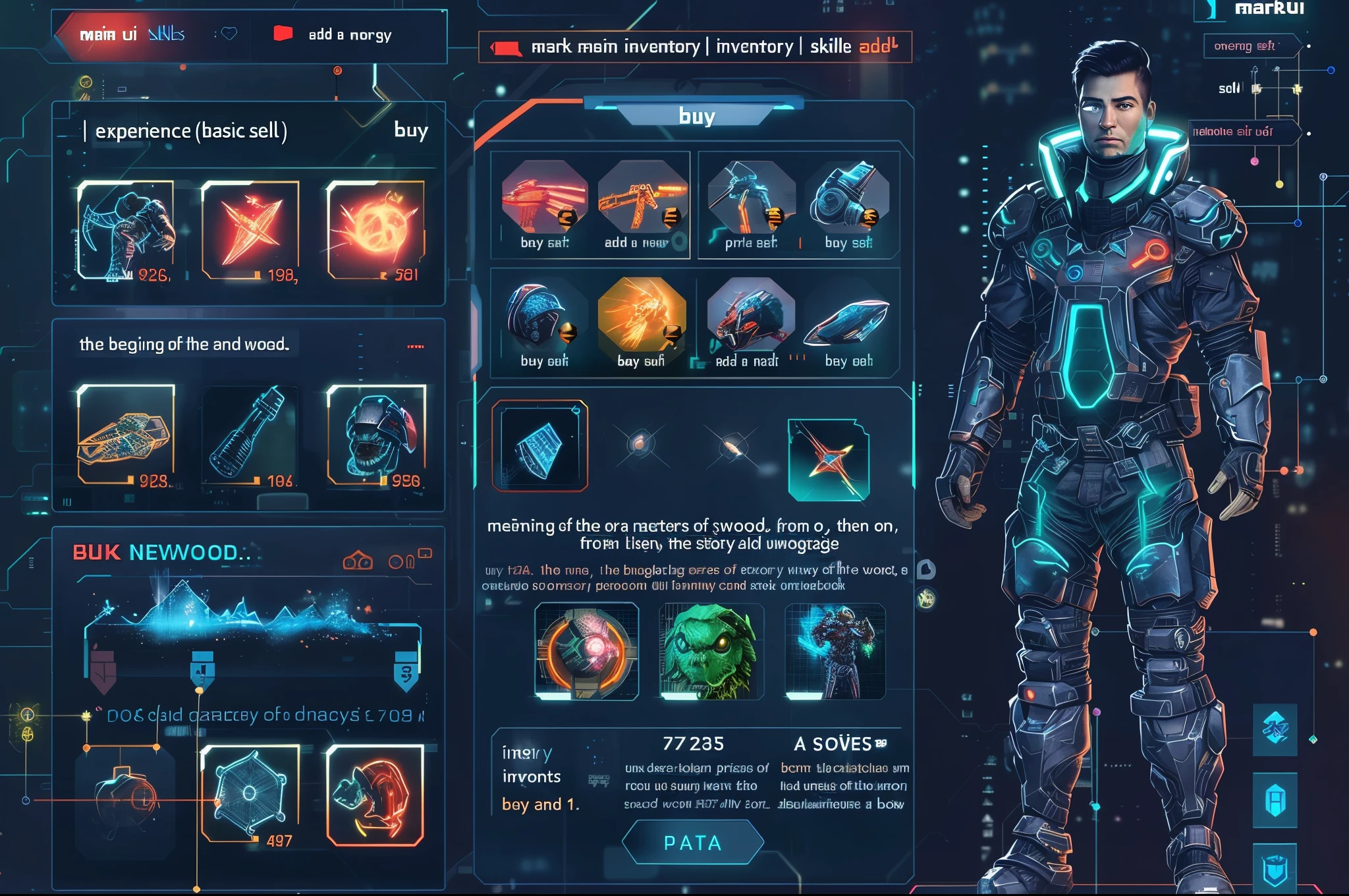 arafed image of a man in a futuristic suit standing in front of a screen, game ui asset design, game ui, pc game with ui, neon scales and cyborg tech, game interface, game concept, sci-fi space game art, sci-fi skin, detailed game art, gameplay screenshot with ui, isometric futuristic game, neon glow concept art