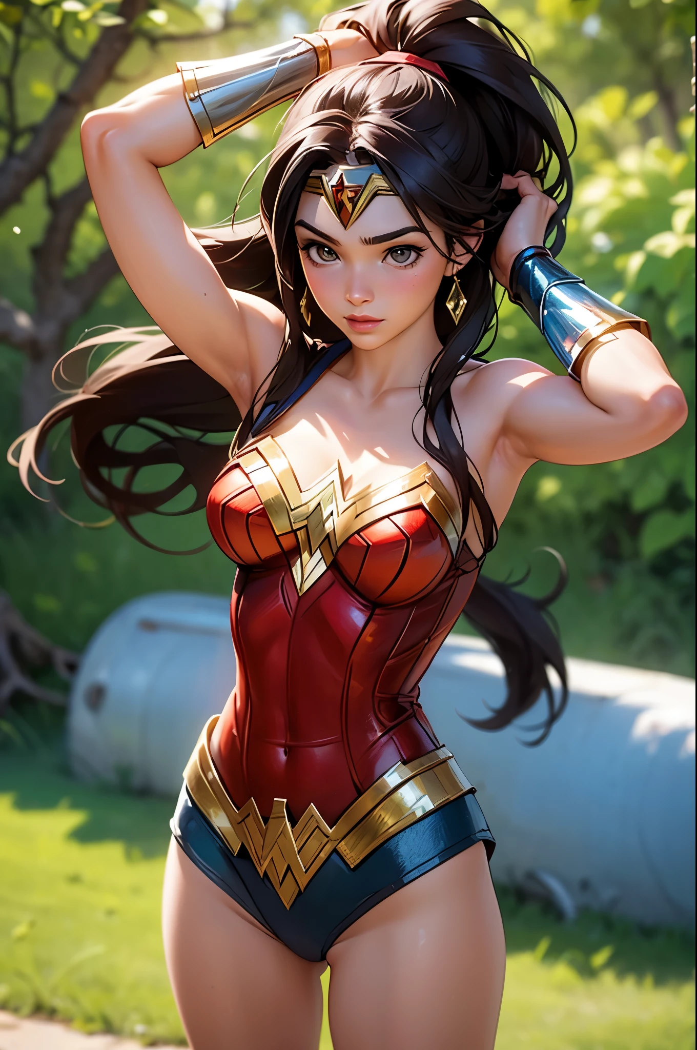 sexy 18 year old, wonder woman, brown long hair in a ponytail, in a sunny environment, (realistic)