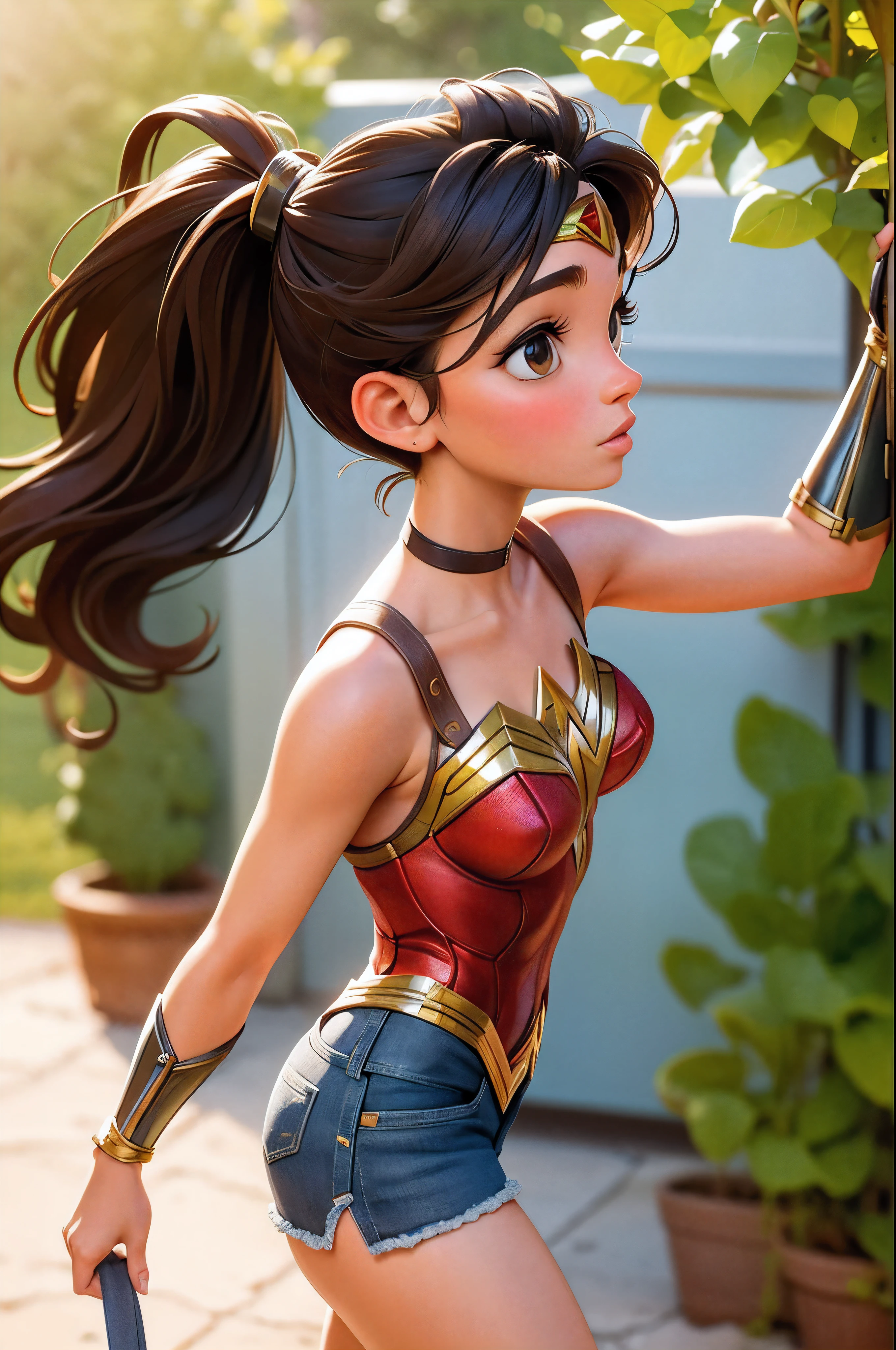 sexy 18 year old, wonder woman, brown long hair in a ponytail, in a sunny environment