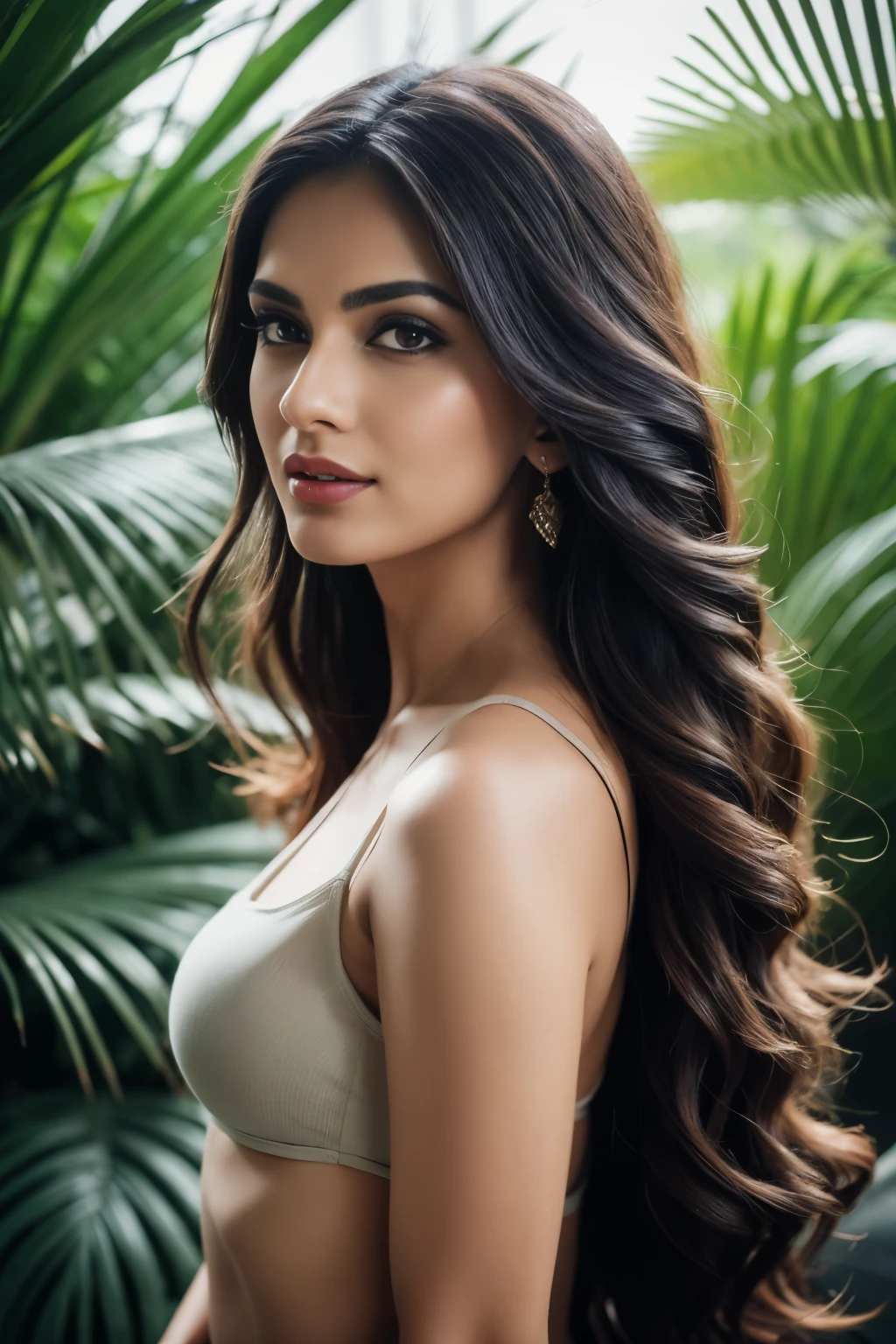 Nude, Portrait of A confident-looking indian woman with long flowing hair, hazel eyes, with flowing capes, perfect composition, hyperrealistic, super detailed, 8k, high quality, trending art, trending on artstation, sharp focus, jungle photo, intricate details, highly detailed, art by greg rutkowski