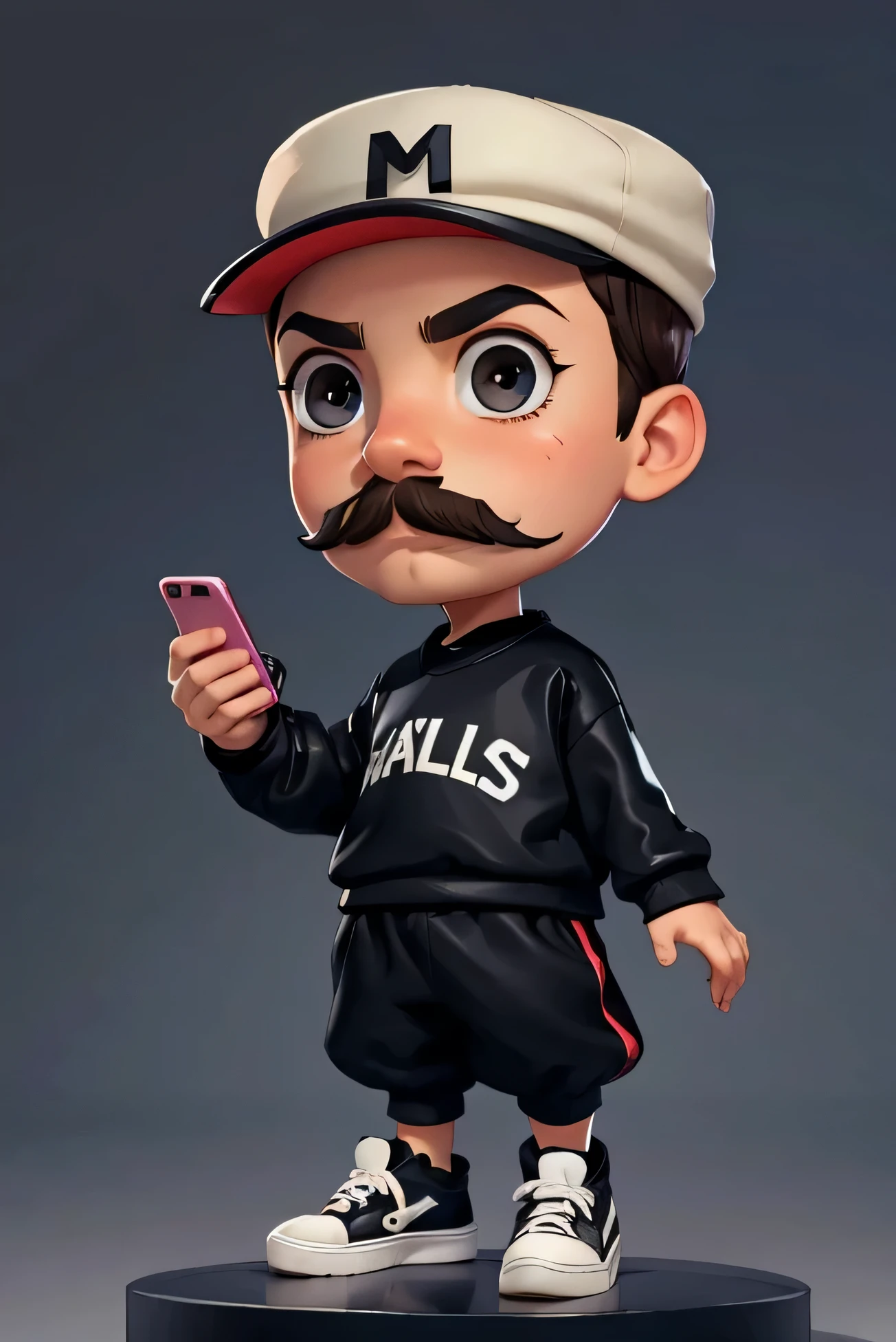 create boy avatar with cap, Olhos grandes, olhos castanhos, feliz, cabelo curto, com bigode, big tennis, roupas pretas, segurando o celular